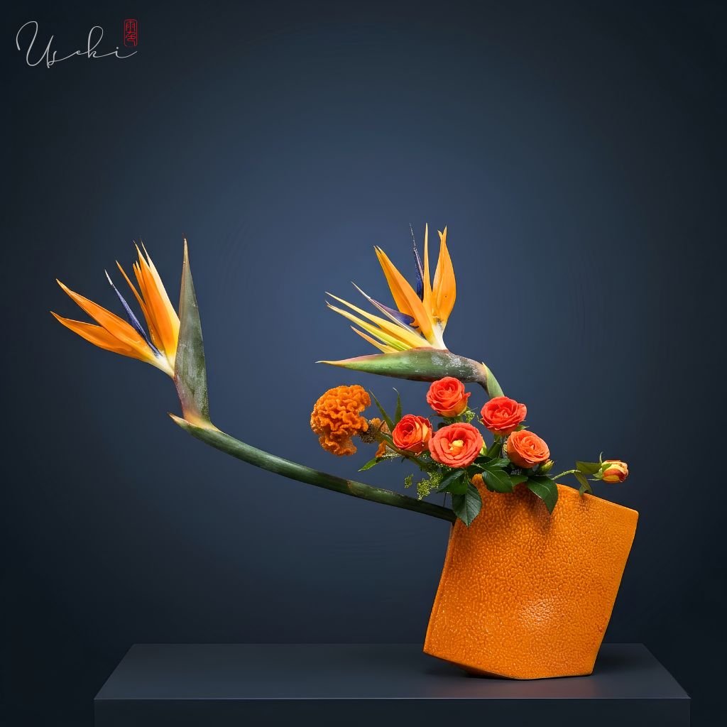 Sogetsu Ikebana twin orange bird of paradise flowers with matching angular orange container