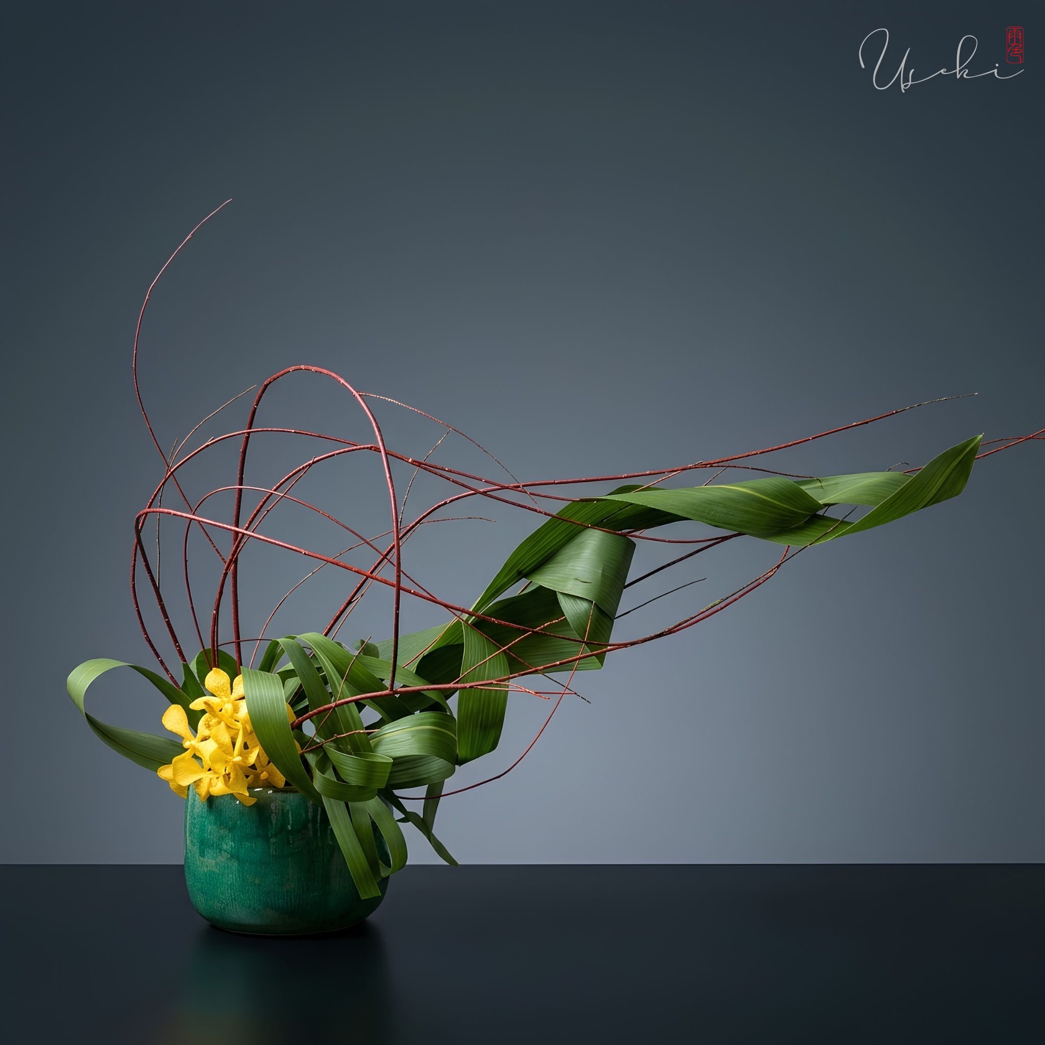 Sogetsu Ikebana dense circular green grass wrapping with red accents in a low green container