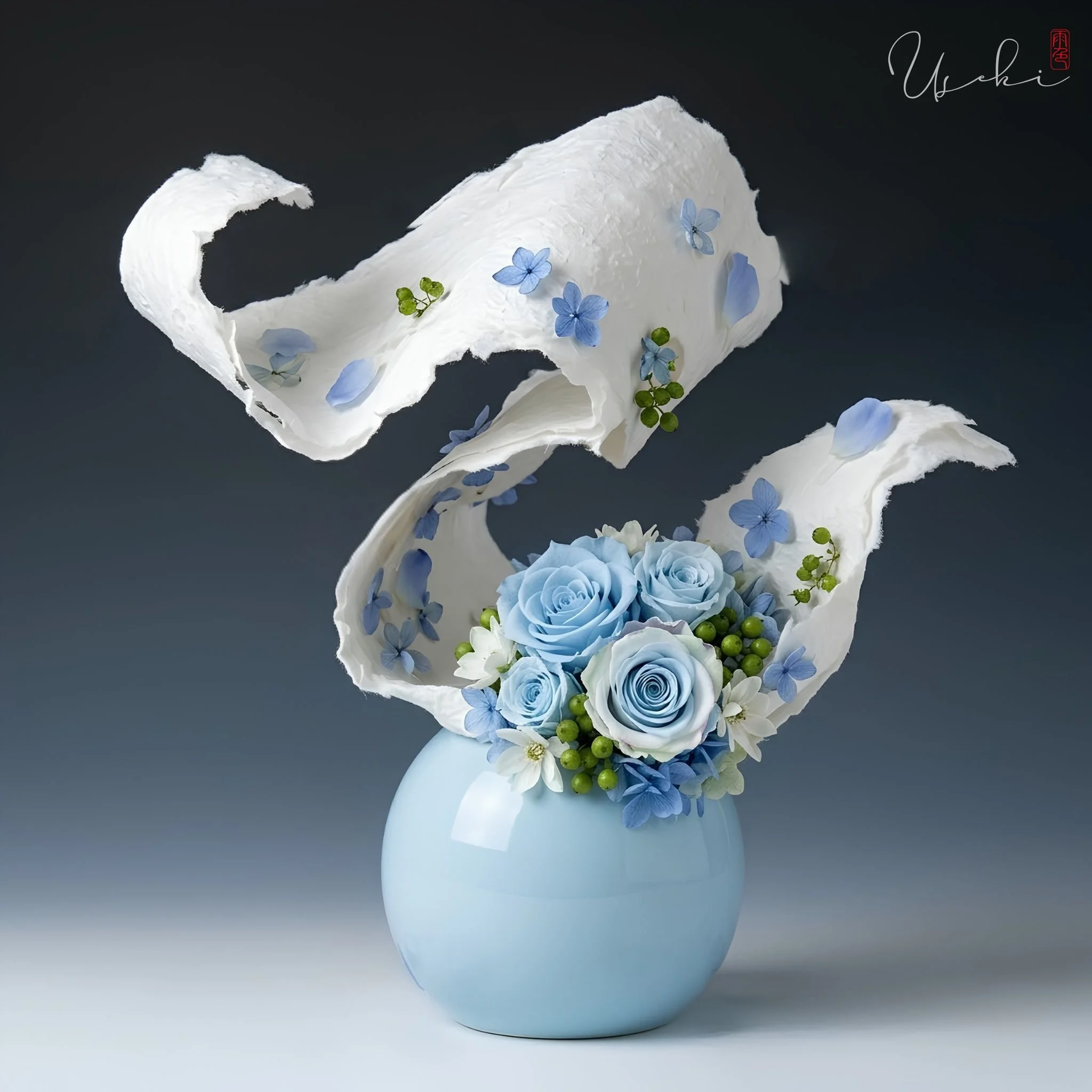 Minimalist preserved flower arrangement with ethereal paper-like sculptural elements, embodying the modern Sogetsu Ikebana aesthetic.