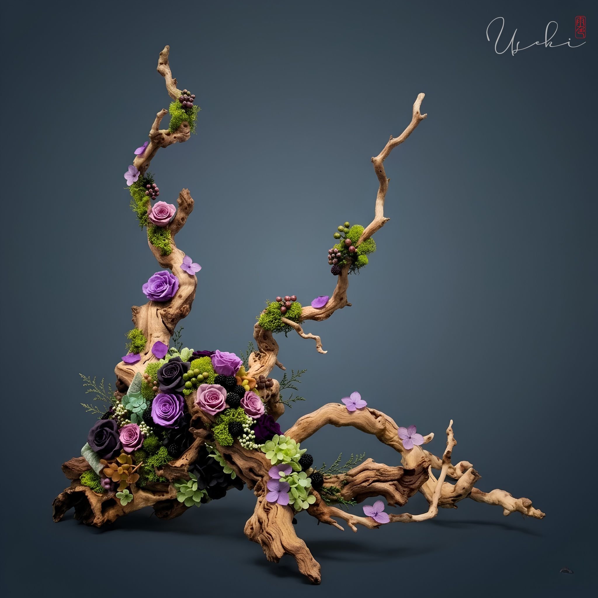Sculptural preserved flower arrangement by USÉKI, featuring artistic driftwood and purple roses in the contemporary Sogetsu Ikebana style