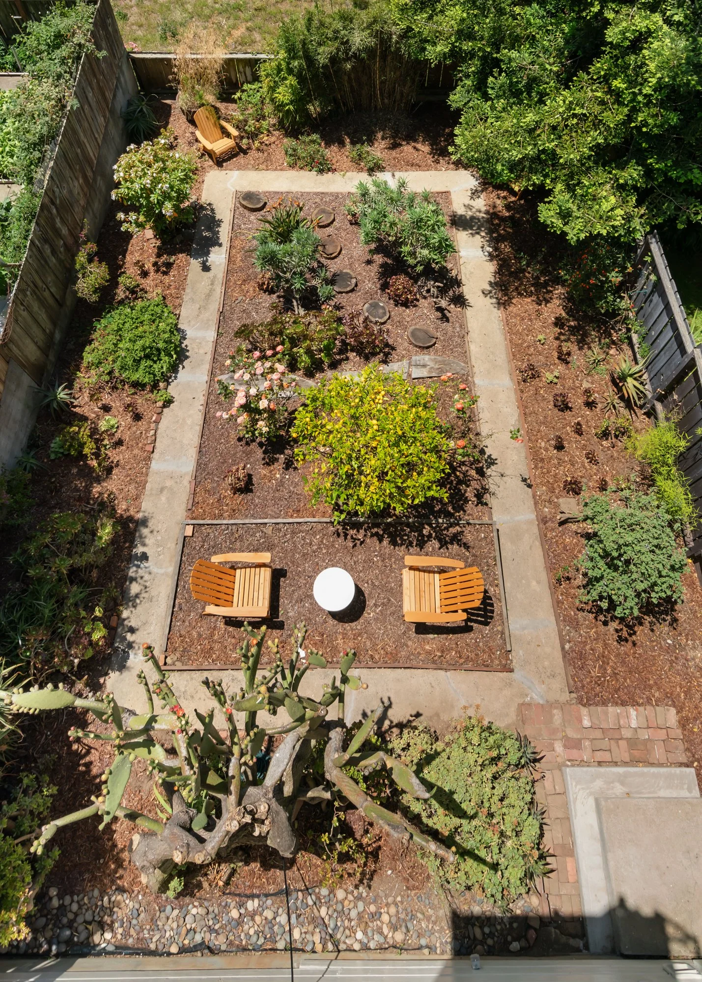 A small, rectangular backyard garden with a concrete pathway, the garden beds filled with various plants, bushes, and flowers, two wooden chairs with a small white table between them, and a cactus plant near the bottom of the image. The yard is enclo