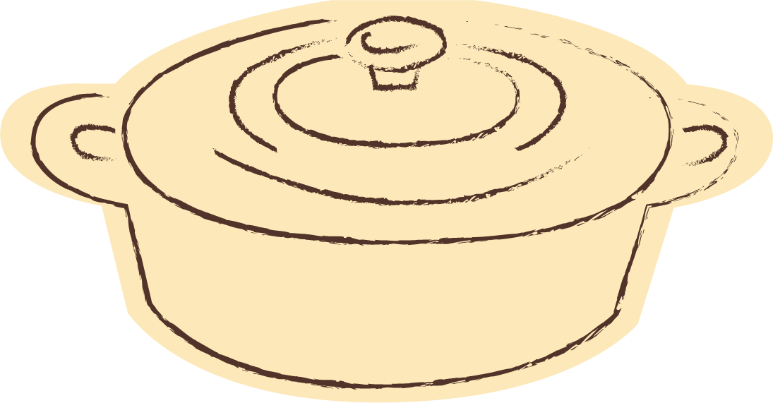 Line drawing of a covered cooking pot with a lid and handles on each side, viewed from above.