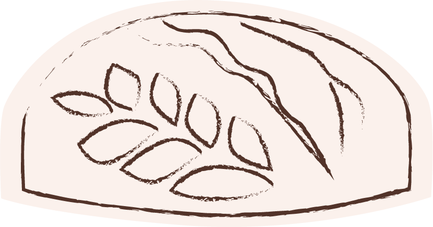 Line drawing of a loaf of bread with a leaf design on top.