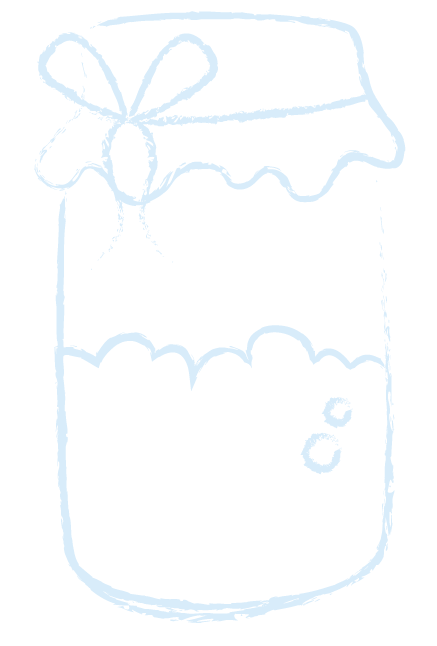 A simple line drawing of a jar with a ribbon tied around the top and bubbles inside, possibly representing a homemade beverage or honey jar.