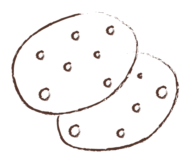 Drawing of two chocolate chip cookies on a black background.