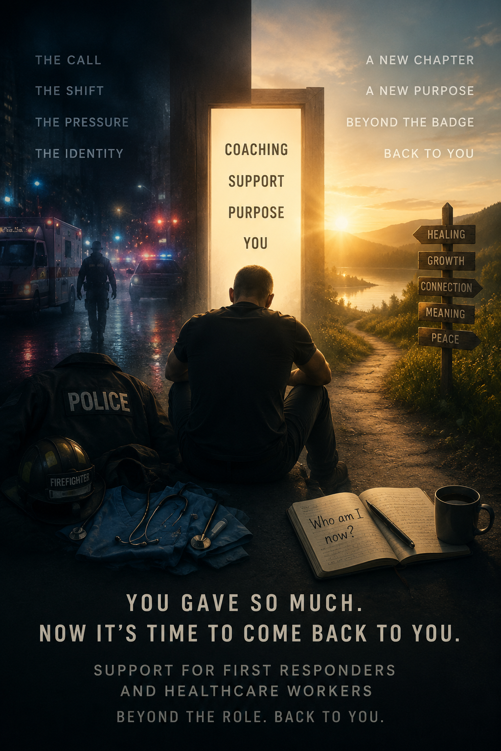 A person sitting on the ground with a police jacket and firefighter helmet, looking at a bright doorway labeled 'Coaching, Support, Purpose'. The scene shifts from a dark city street with police and emergency vehicles on the left to a bright outdoor landscape with a sunset on the right. Signposts indicate directions to healing, growth, connection, meaning, and peace. There is an open journal with the words "Who am I now?" and a mug and pen nearby. Text overlay states: "The call, the shift, the pressure, the identity" on the dark side and "A new chapter, a new purpose, beyond the badge, back to you" on the bright side. Additional text reads: "You gave so much. Now it’s time to come back to you. Support for first responders and healthcare workers beyond the role. Back to you."