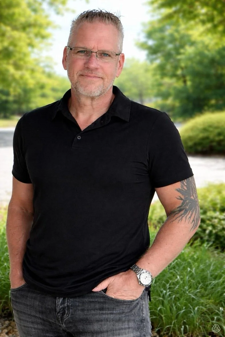 A middle-aged man with glasses, gray hair, and a beard, wearing a black polo shirt and gray jeans, standing outdoors in a park with green trees and a body of water in the background.