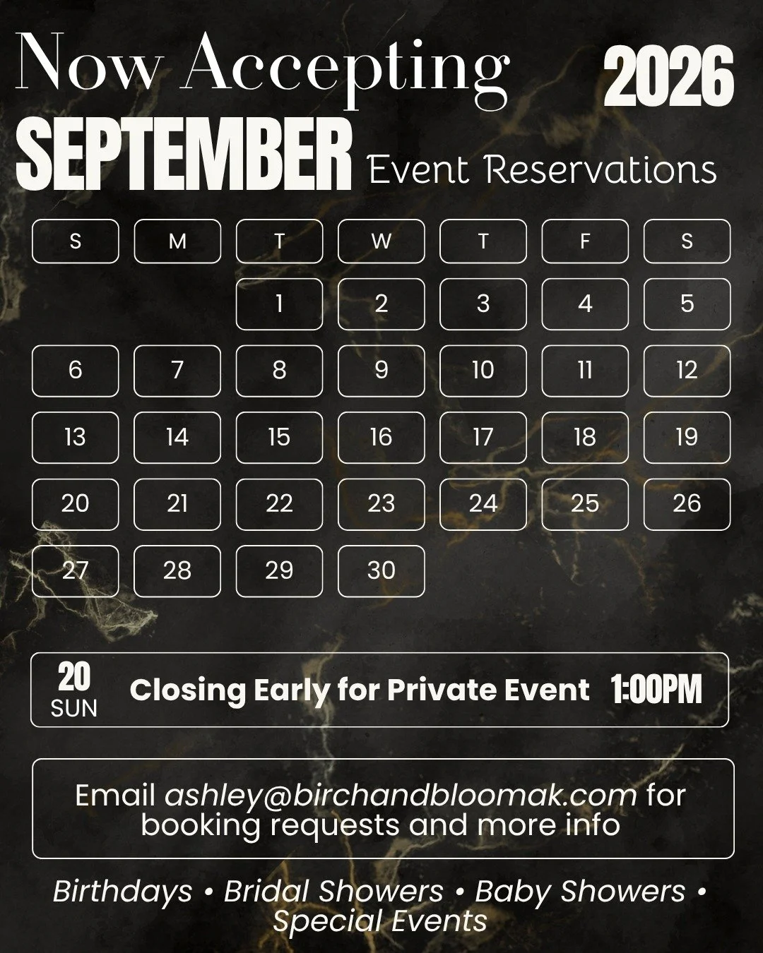 We&rsquo;re now accepting reservations beginning in September and beyond!

Our online booking system is still in the works, but it will be available soon! Until then, I'd love to help you reserve your date personally. Just send me a message or email 