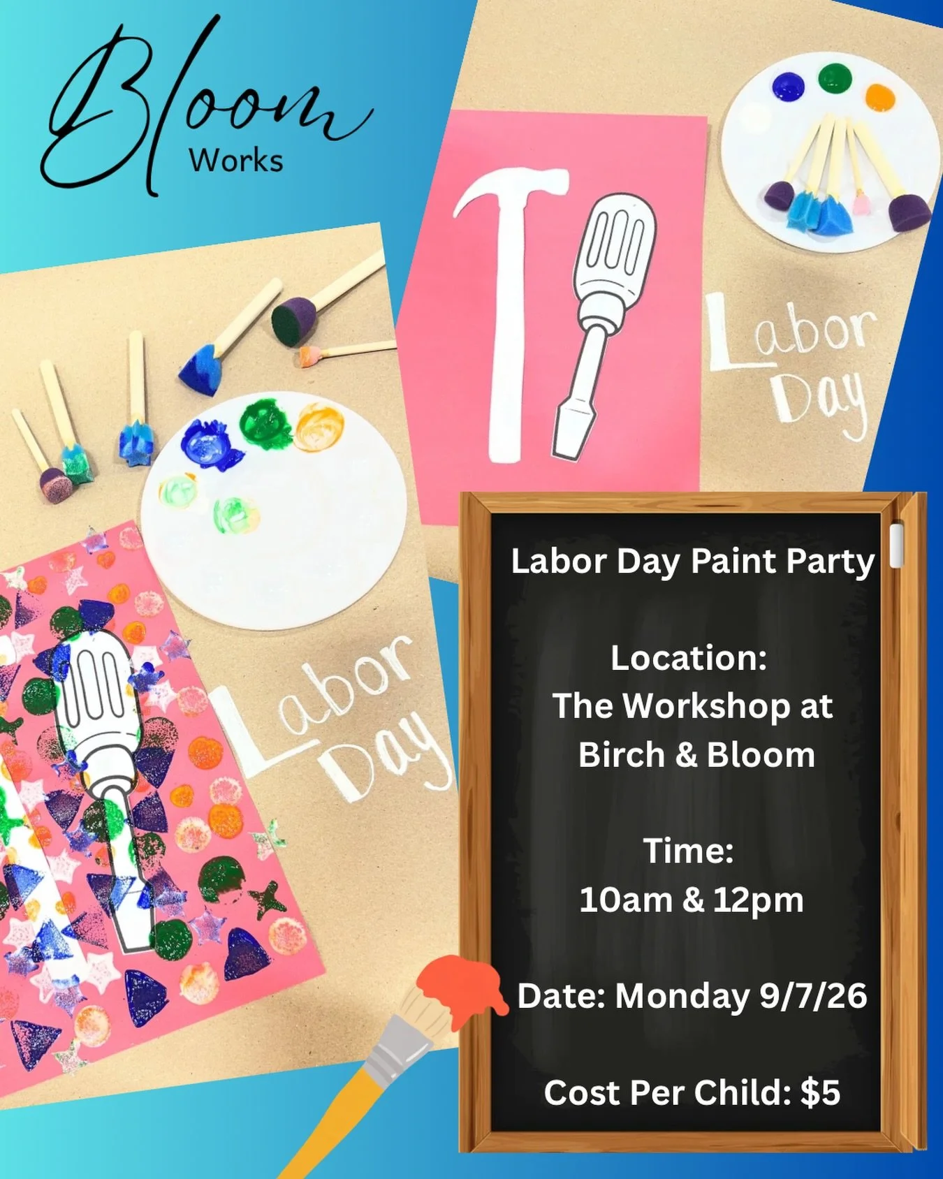 Come celebrate Labor Day with a little Bloom Works creativity! 🎨✨

Kids will choose their colors and use fun stamping techniques to create their own colorful Labor Day artwork. 🖌️🎨

📅 Monday, September 7th
⏰ 10:00 AM &amp; 12:00PM
📍 The Workshop