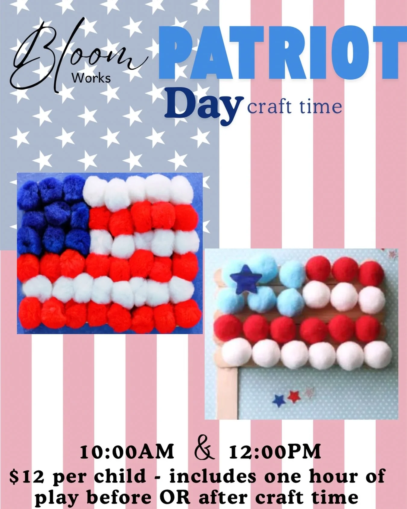 Celebrate Patriot Day with a little Bloom Works creativity! 🎨✨ Kids will use popsicle sticks, pom poms, and their imagination to create their own patriotic craft to take home!

📅 Patriot Day 9/11/26
⏰ 10:00 AM &amp; 12:00 PM
📍 The Workshop at Birc