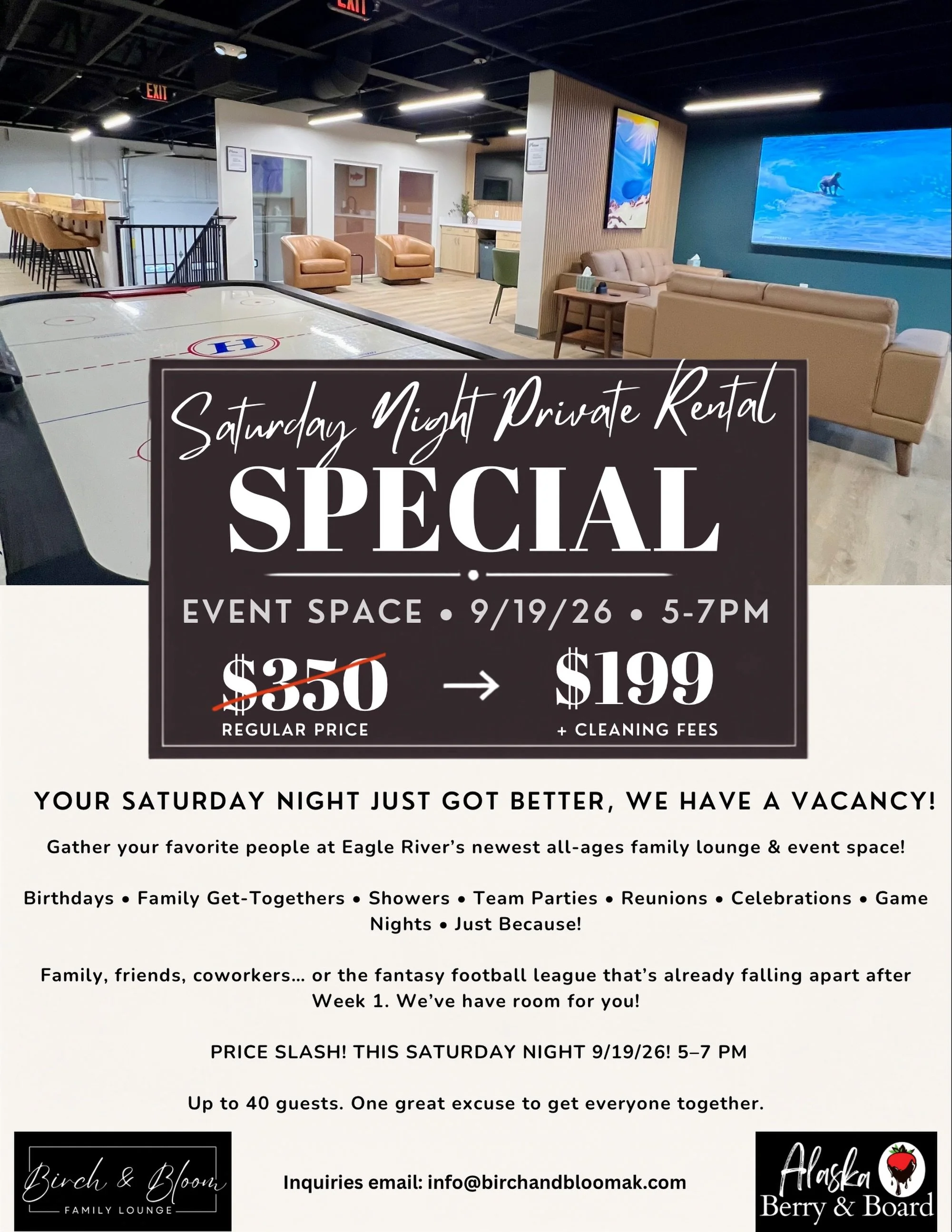 🚨 SATURDAY NIGHT JUST OPENED UP! 🚨

Our 5&ndash;7 PM Event Space is available this Saturday, Sept. 19 and we&rsquo;re dropping it to $199 + cleaning fee!

Up to 40 guests. Birthdays, game nights, family get-togethers, football&hellip; whatever you&