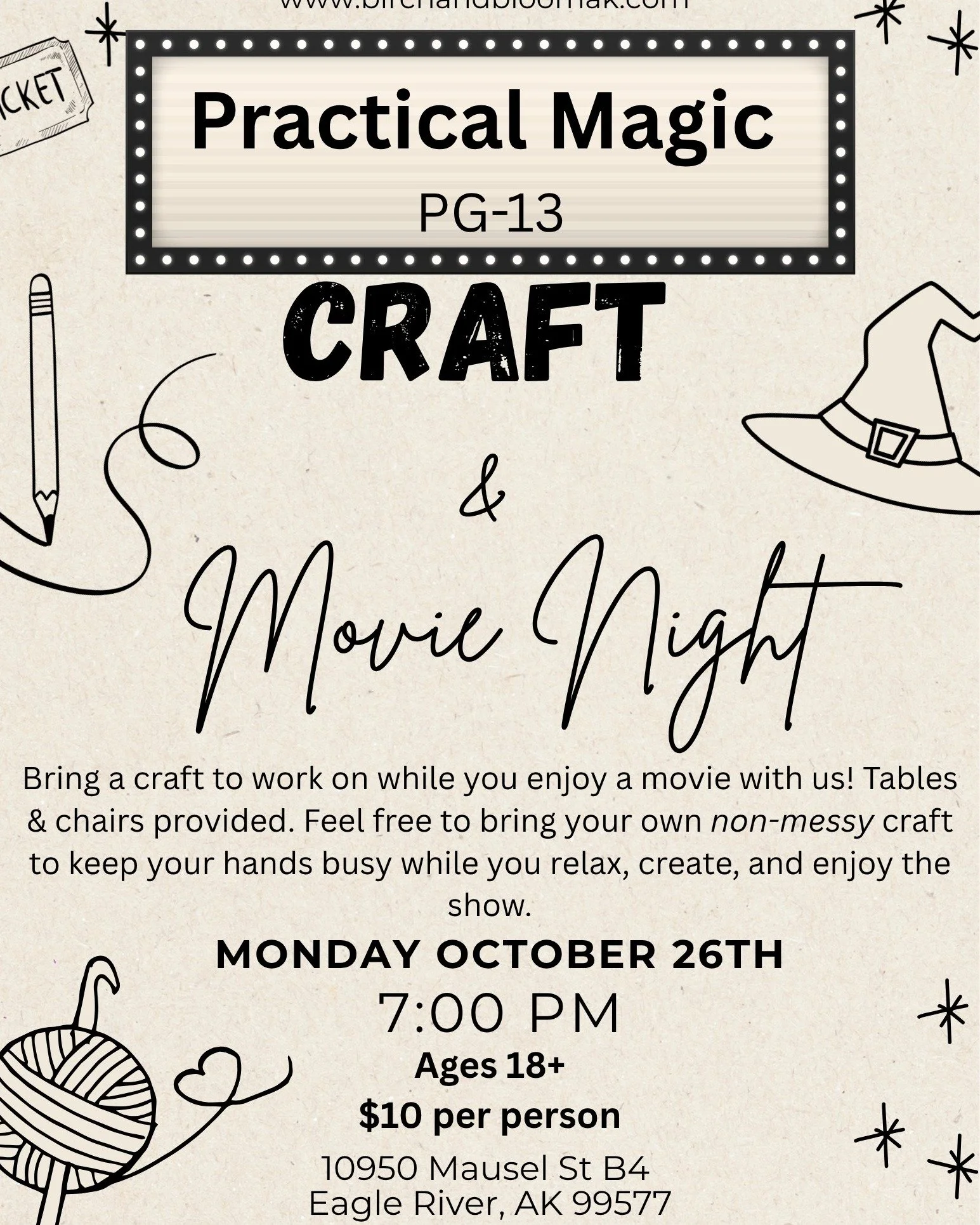 There&rsquo;s a little magic happening at Birch &amp; Bloom! 🍂🕯️

Join us for a Practical Magic inspired Movie &amp; Craft Night! 🤎 Settle in for this fall favorite while working on a craft of your own.

-Bring your own craft! Bring a non-messy pr