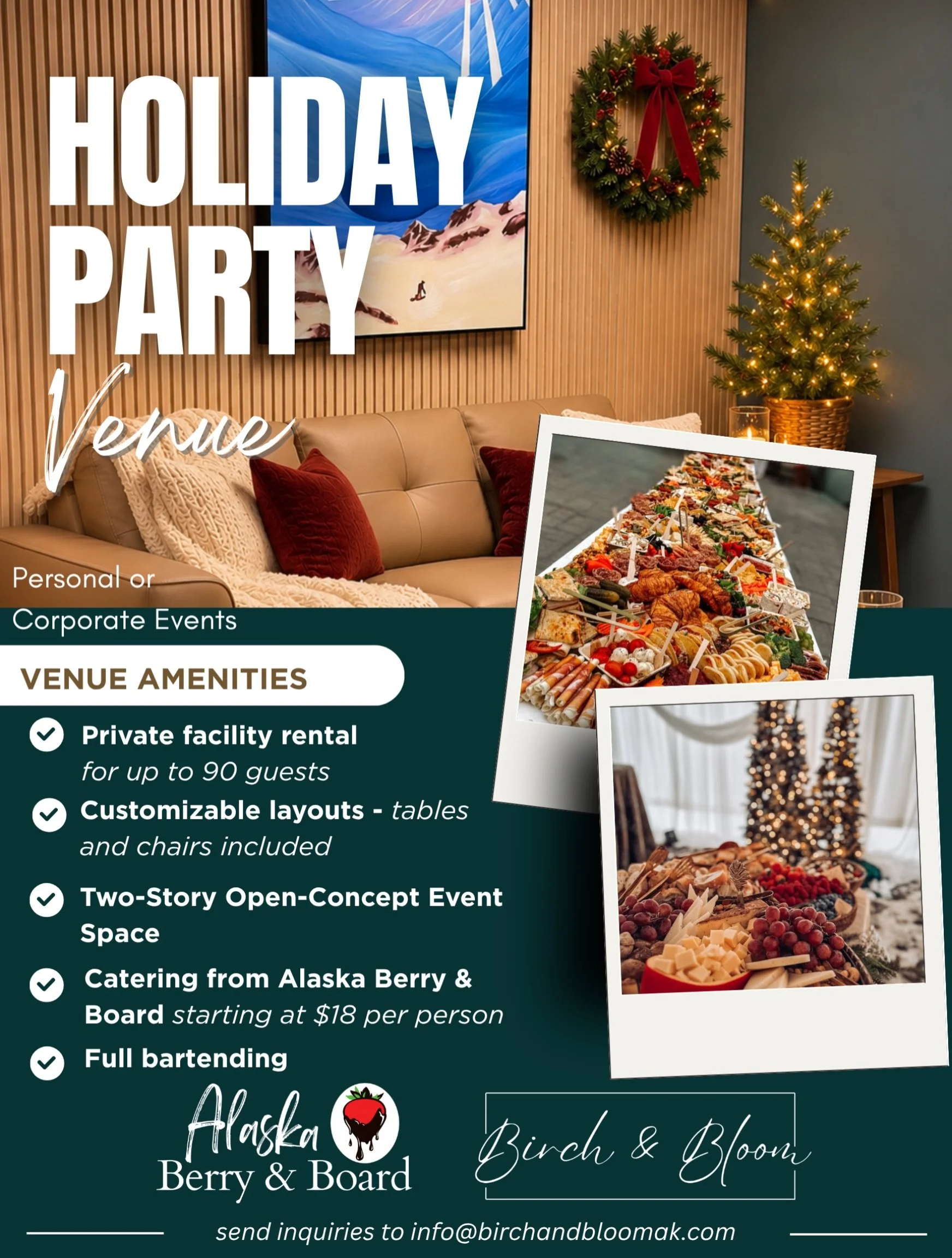 Planning a holiday party? Let us host!

The holiday season will be here before we know it, and Birch &amp; Bloom is the perfect place to bring everyone together for a festive celebration! ❤️

Whether you&rsquo;re planning a company holiday party, a f