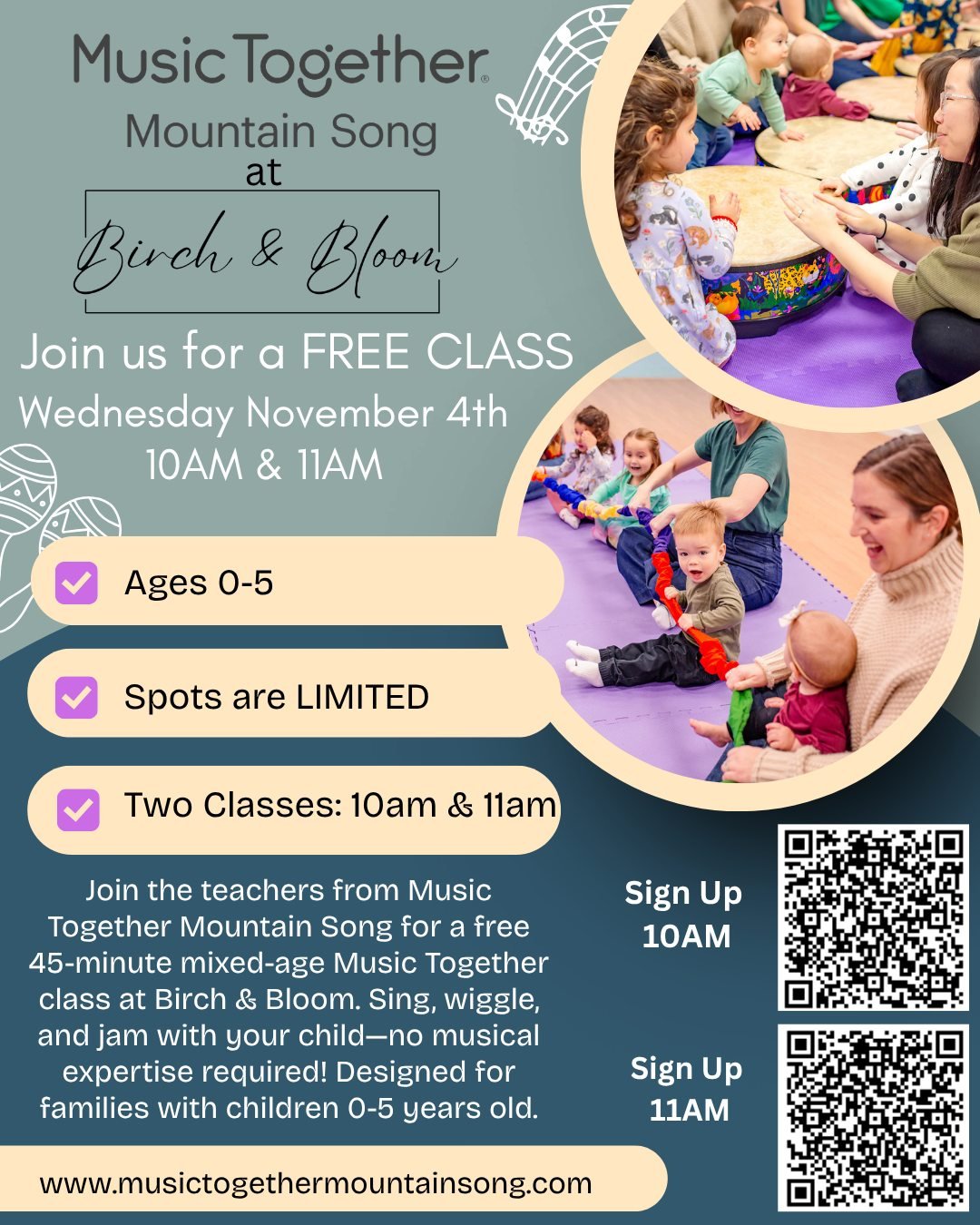 Little ones, get ready to sing, wiggle, and make music! 💛 Join the teachers from Music Together Mountain Song for a special FREE 45-minute class designed for children ages 0&ndash;5 AND their grown-ups.

📅 Wednesday, November 4th
⏰ Choose from 10 A