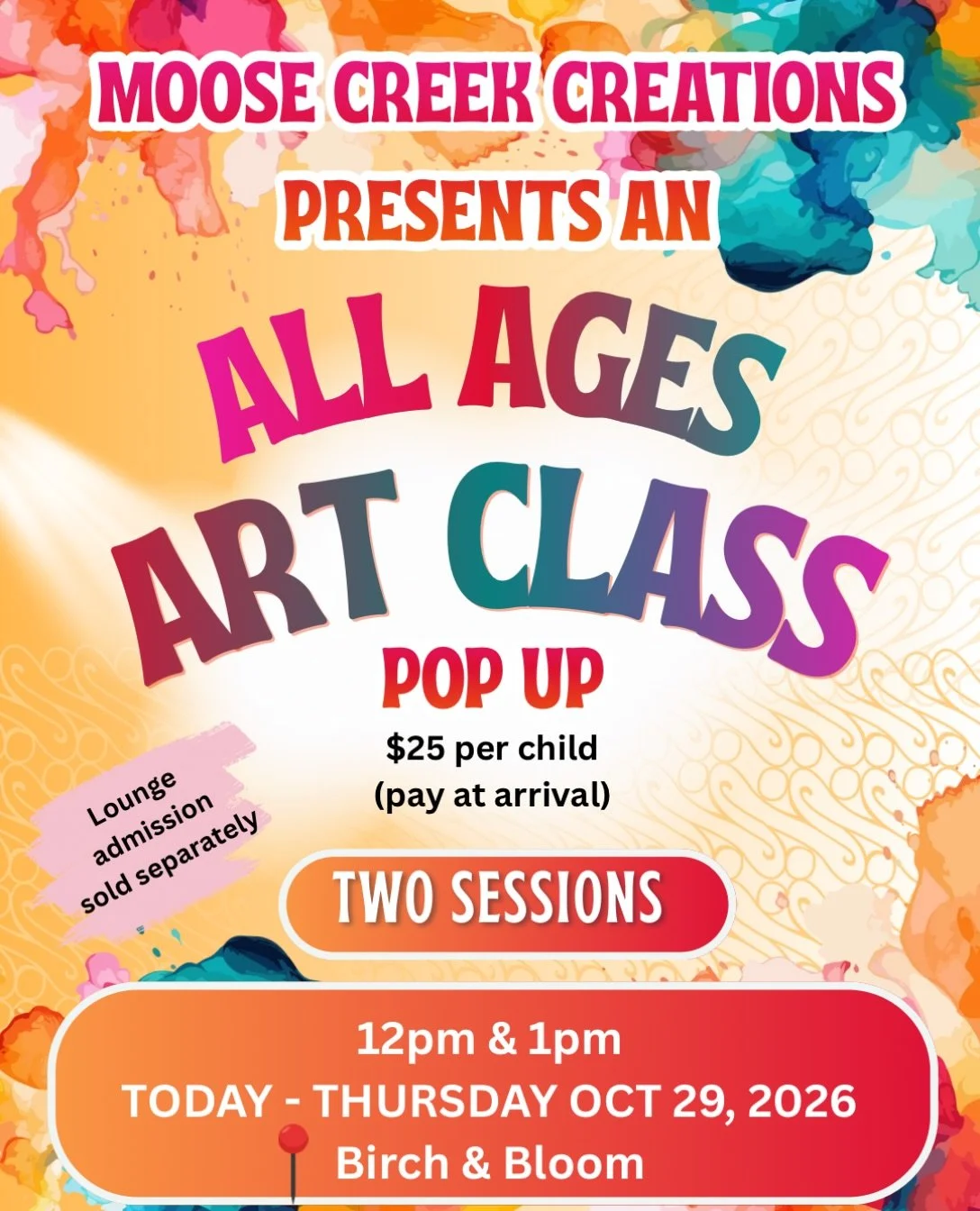 ATTENTION PARENTS! 📣
Moose Creek Creations is making your kids half day better!!!
Join us TODAY for an all ages art class POP UP! Two sessions today 12pm &amp; 1pm

Trust me, it&rsquo;s better to leave the art projects to us &amp; save your house fr