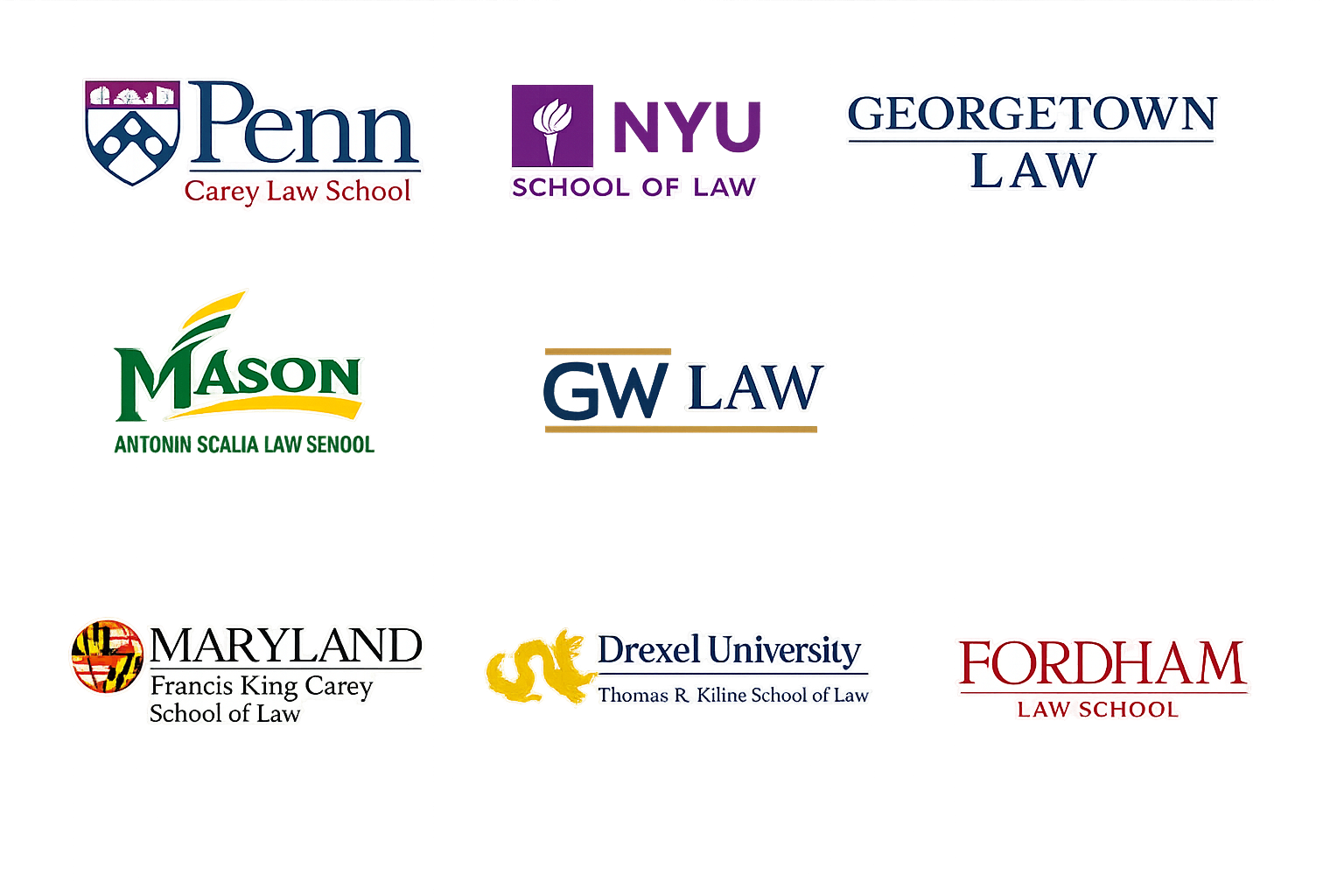 Collage of logos from various law schools including Penn Carey Law School, NYU School of Law, Georgetown Law, Mason Antonin Scalia Law School, GW Law, Maryland Francis King Carey School of Law, Drexel University Thomas R. Kline School of Law, and Fordham Law School.
