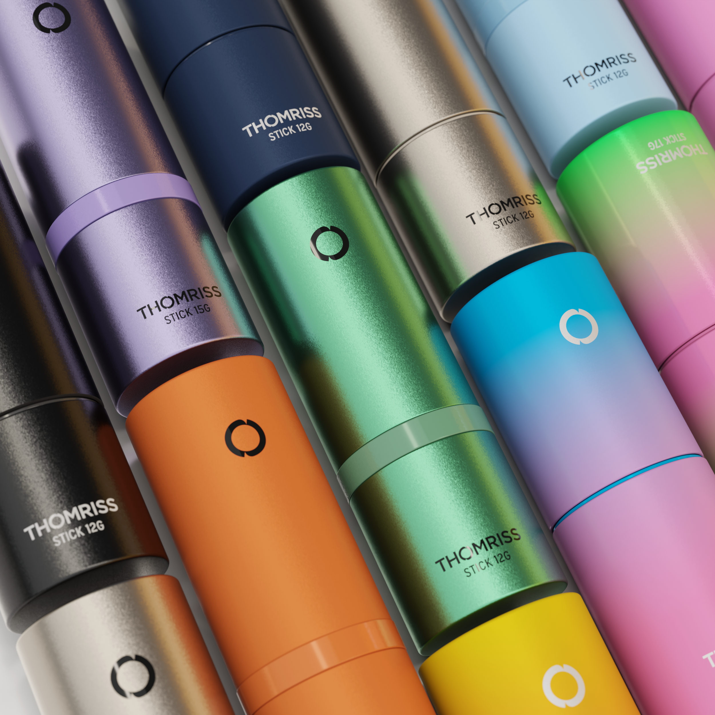 Vários vapes coloridos dispostos em fileira, cada um com a marca Thomiss e especificações diferentes de peso.