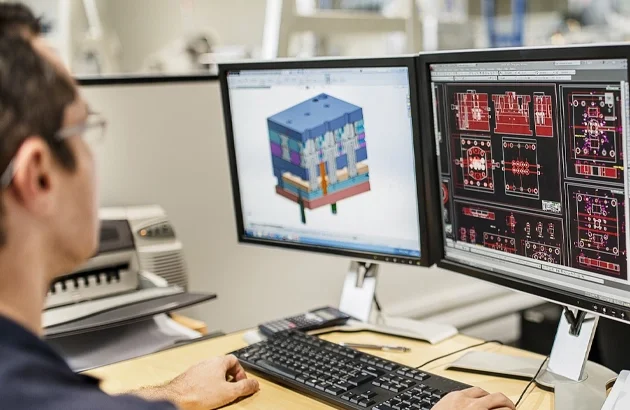 Pessoa trabalhando em projeto de design de circuito eletrônico em dois monitores.
