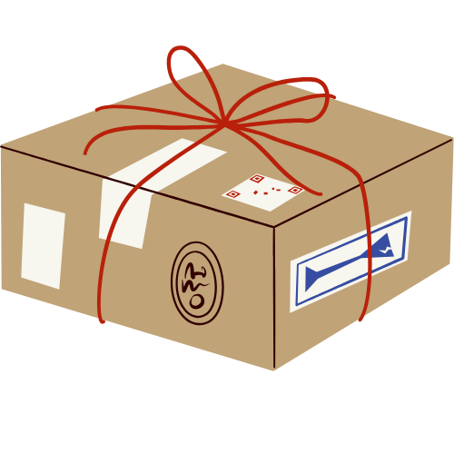 A cardboard box wrapped with a red ribbon and bow, decorated with shipping labels and symbols.