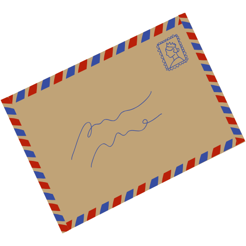 A letter in an airmail envelope with red, white, and blue border, a blue ink signature in the center, and a postage stamp featuring the queen's silhouette in the top right corner.