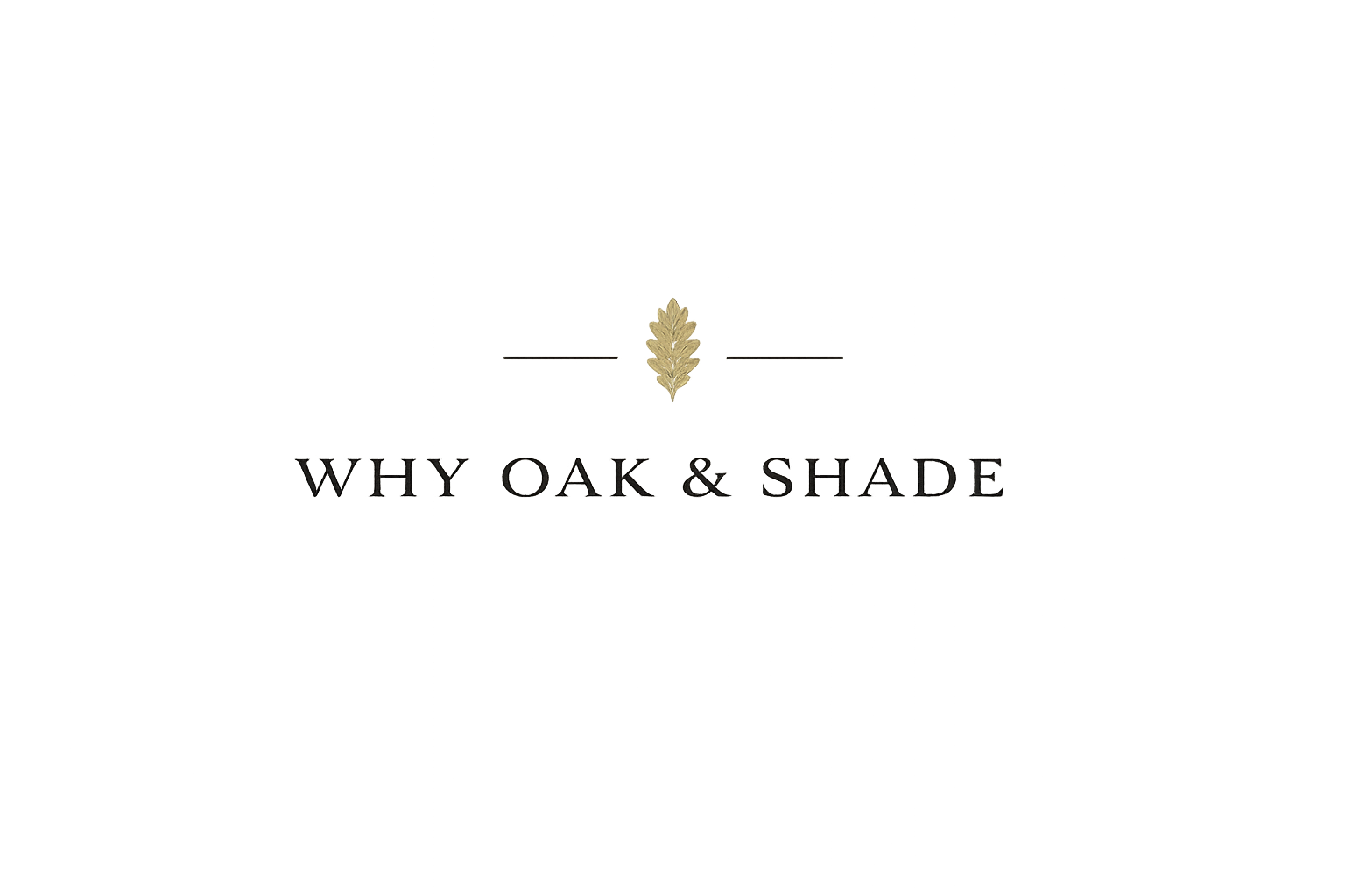 A logo with the text 'WHY OAK & SHADE' and a stylized oak leaf above it on a dark background with colorful streaks.