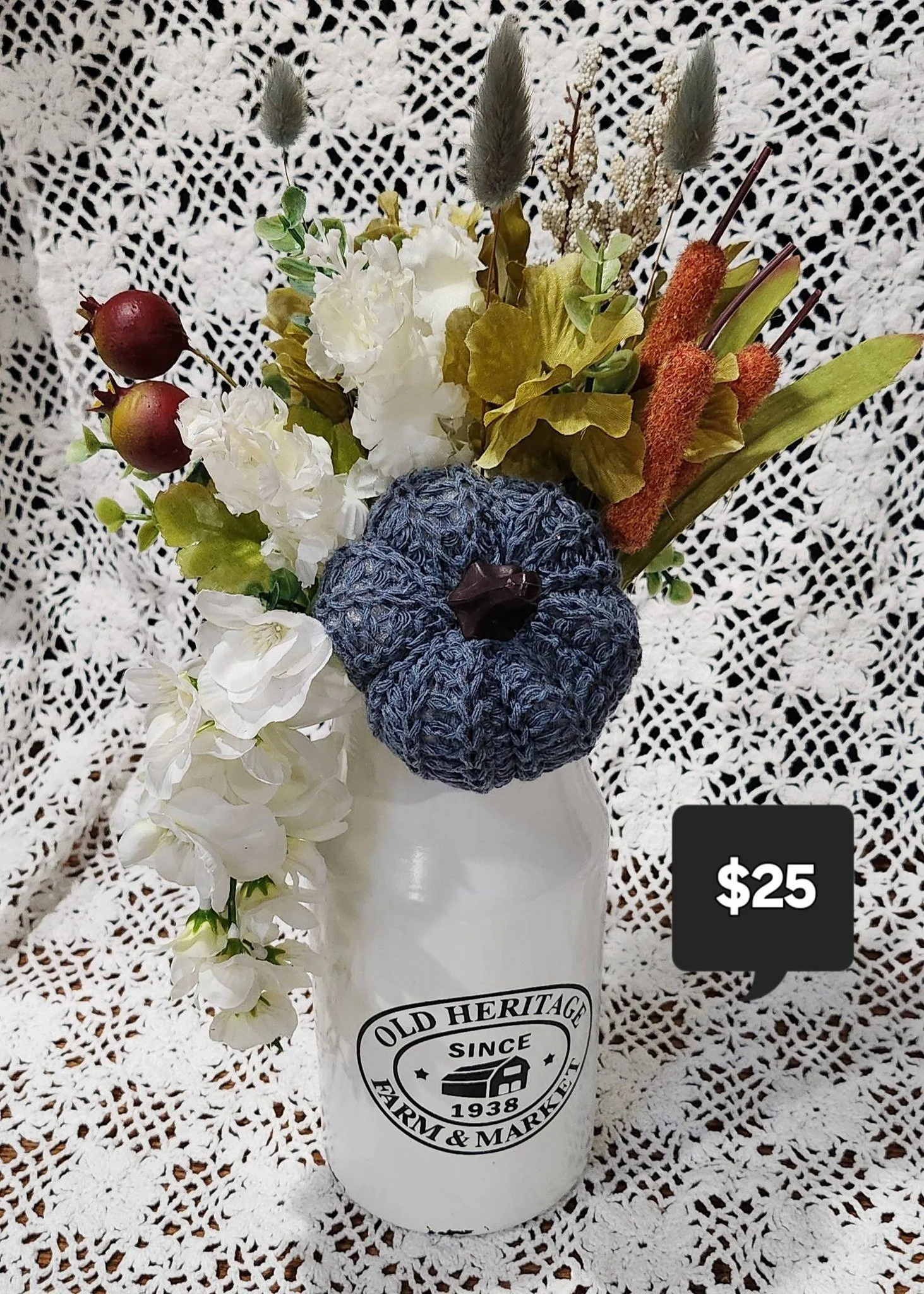Farmhouse Harvest Floral Arrangement with Knitted Pumpkin