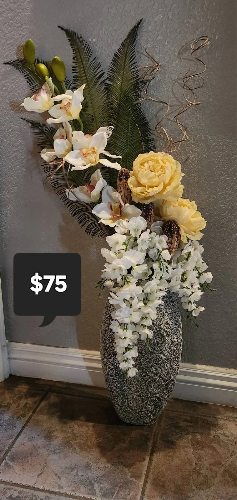 Yellow Rose and Orchid Arrangement in Stone Vase