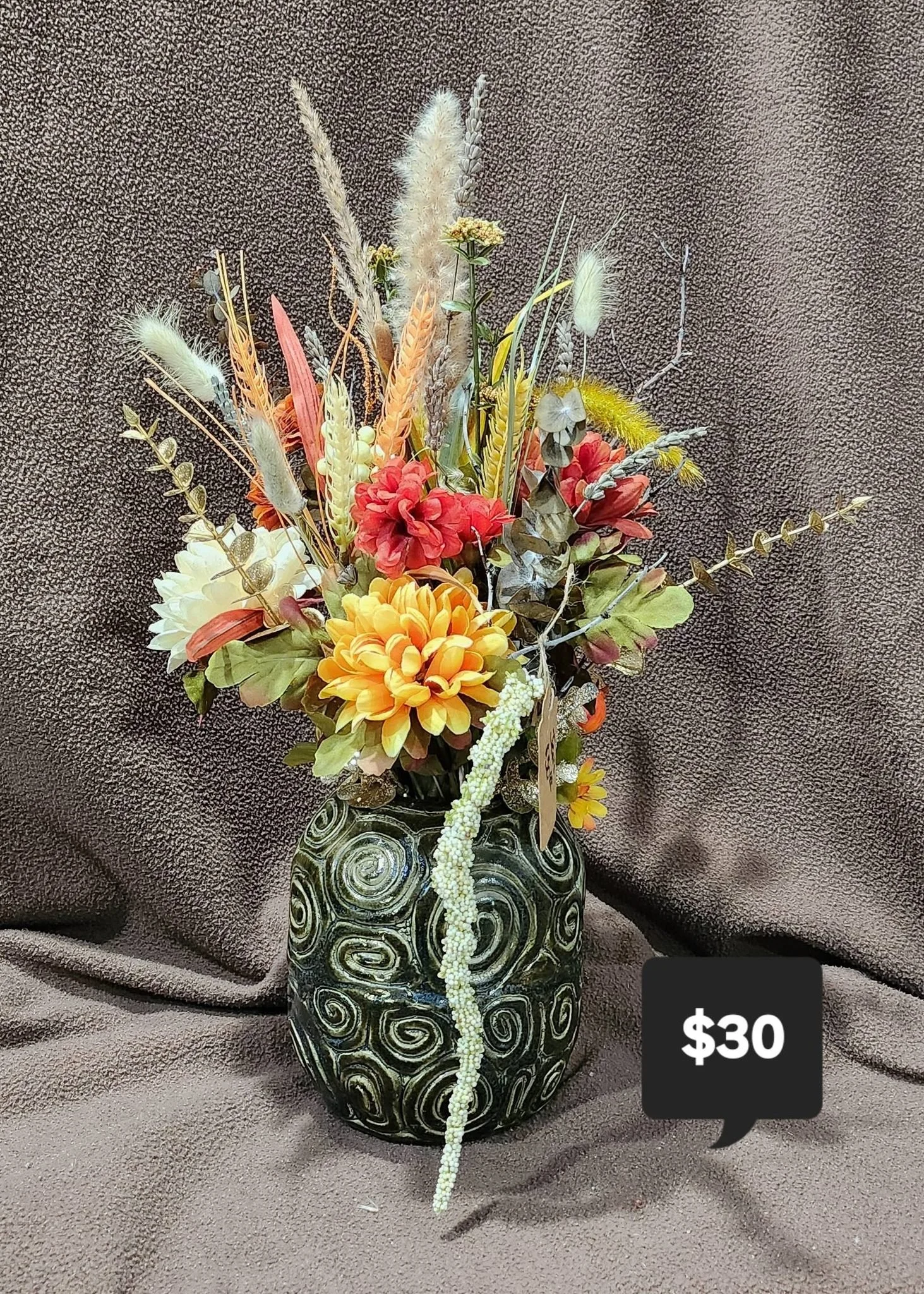 Lifelike Autumn Bloom Flower Arrangement in Swirl Design Vase