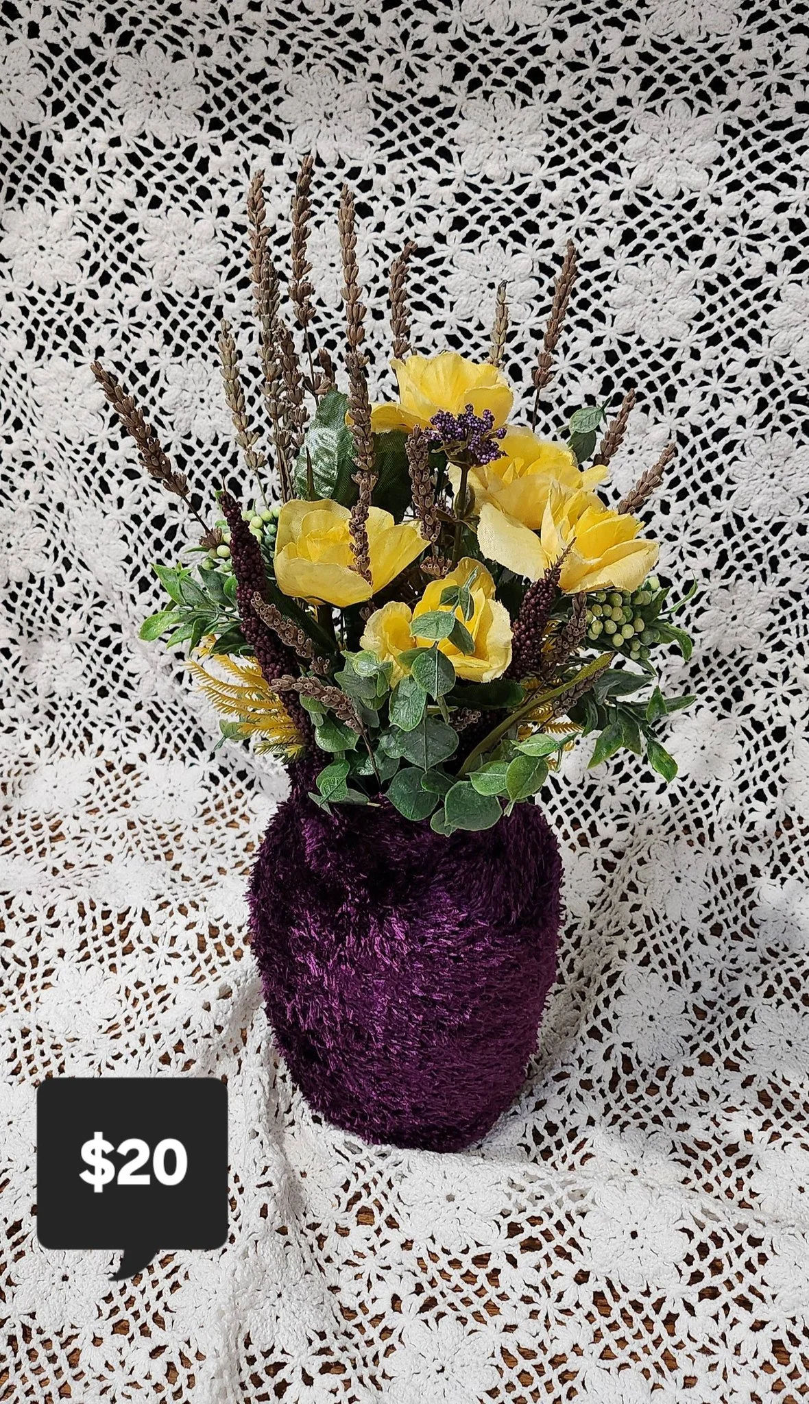 Vibrant Faux Floral Arrangement with Plush Purple Vase