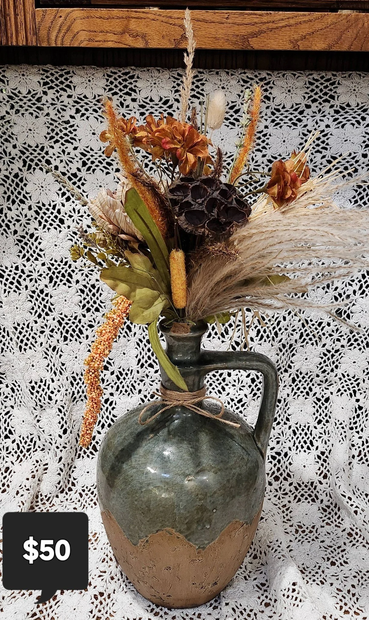 Rustic Elegance Ceramic Jug with Dried Floral Arrangement