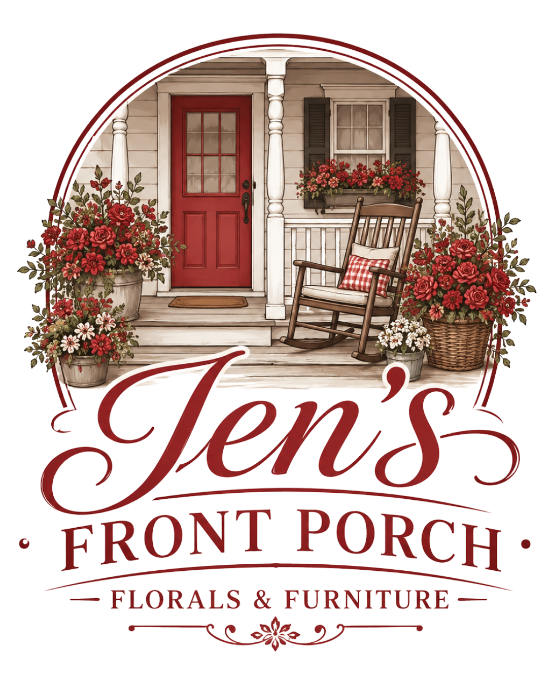 Front porch of a house with a red door, flower boxes, potted flowers, a rocking chair with a pillow, and the text 'Jen's Front Porch Florals & Furniture' with floral decorations.