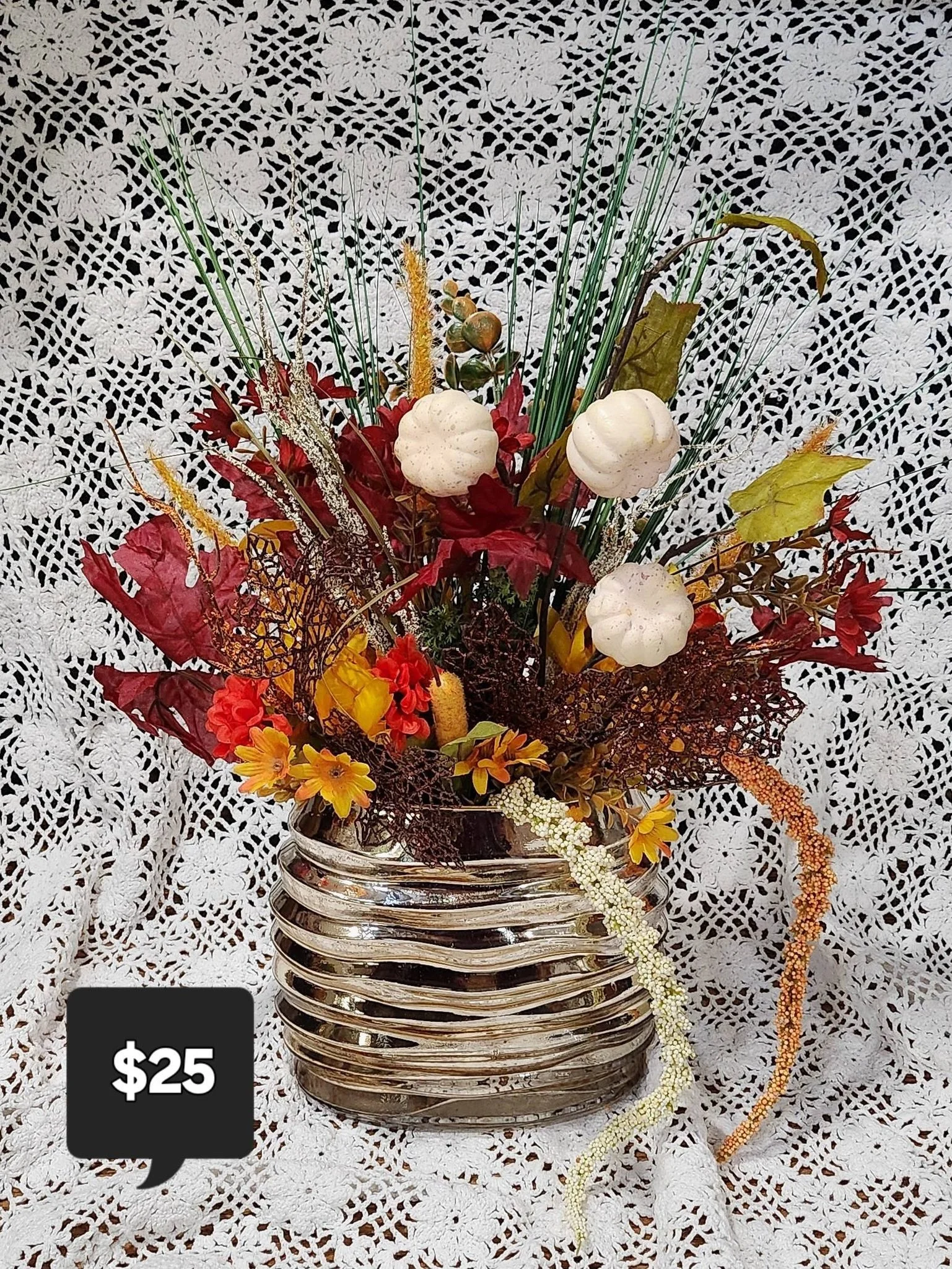 Fall Harvest Artificial Floral Arrangement with Metallic Wave Vase