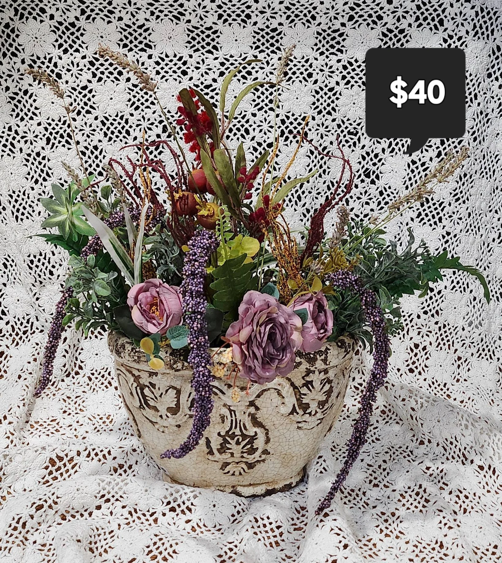 Vintage Floral Arrangement with Rustic Pot