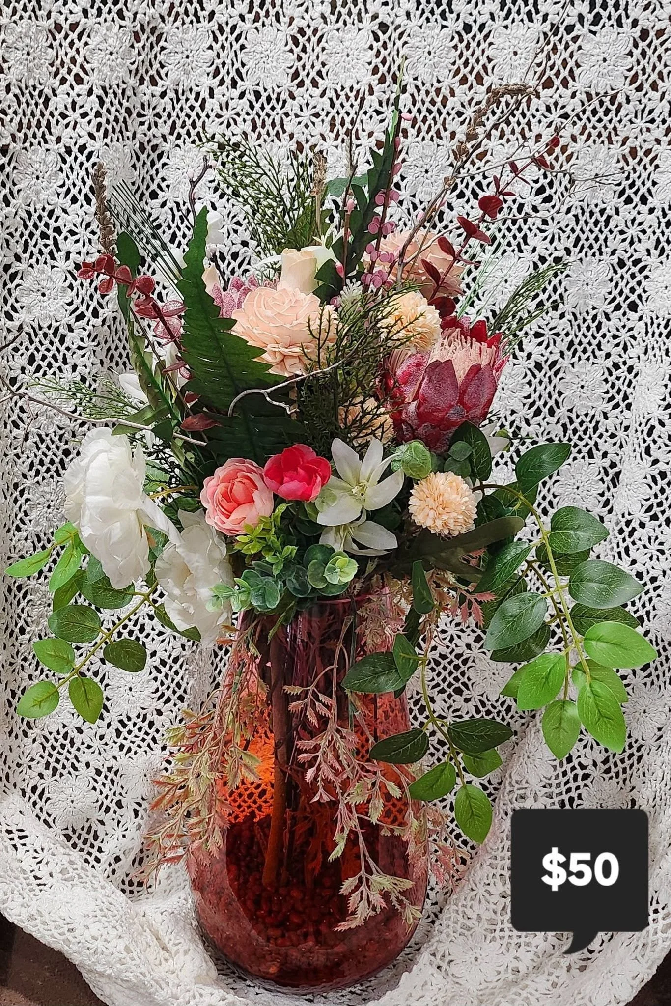Exquisite Faux Floral Arrangement in Elegant Red Vase