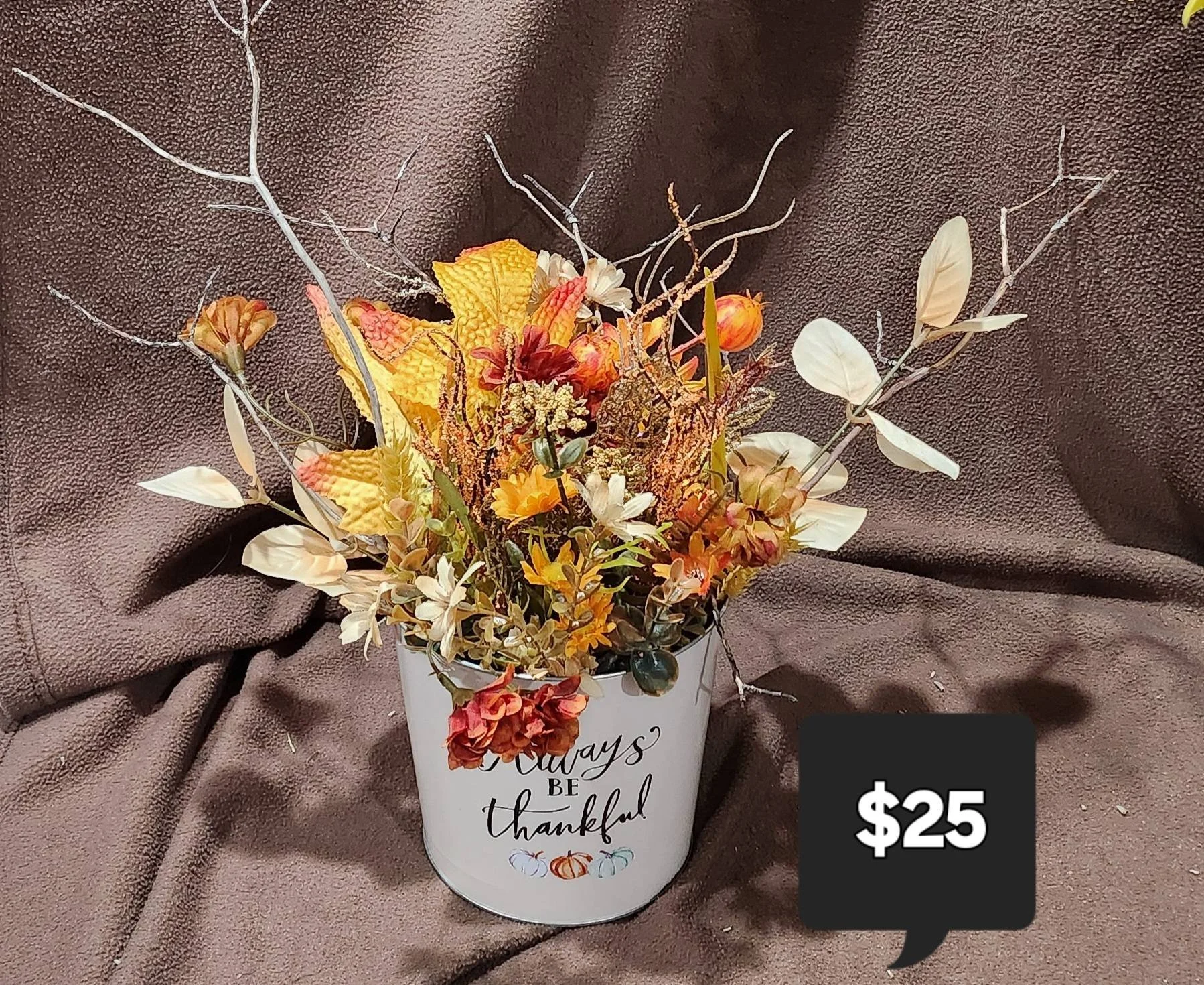 Fall Harvest Floral Arrangement with Thankful Planter