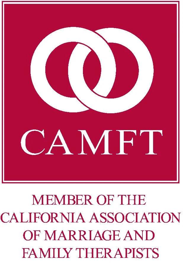Logo of the California Association of Marriage and Family Therapists with interlinked circles and text stating membership.