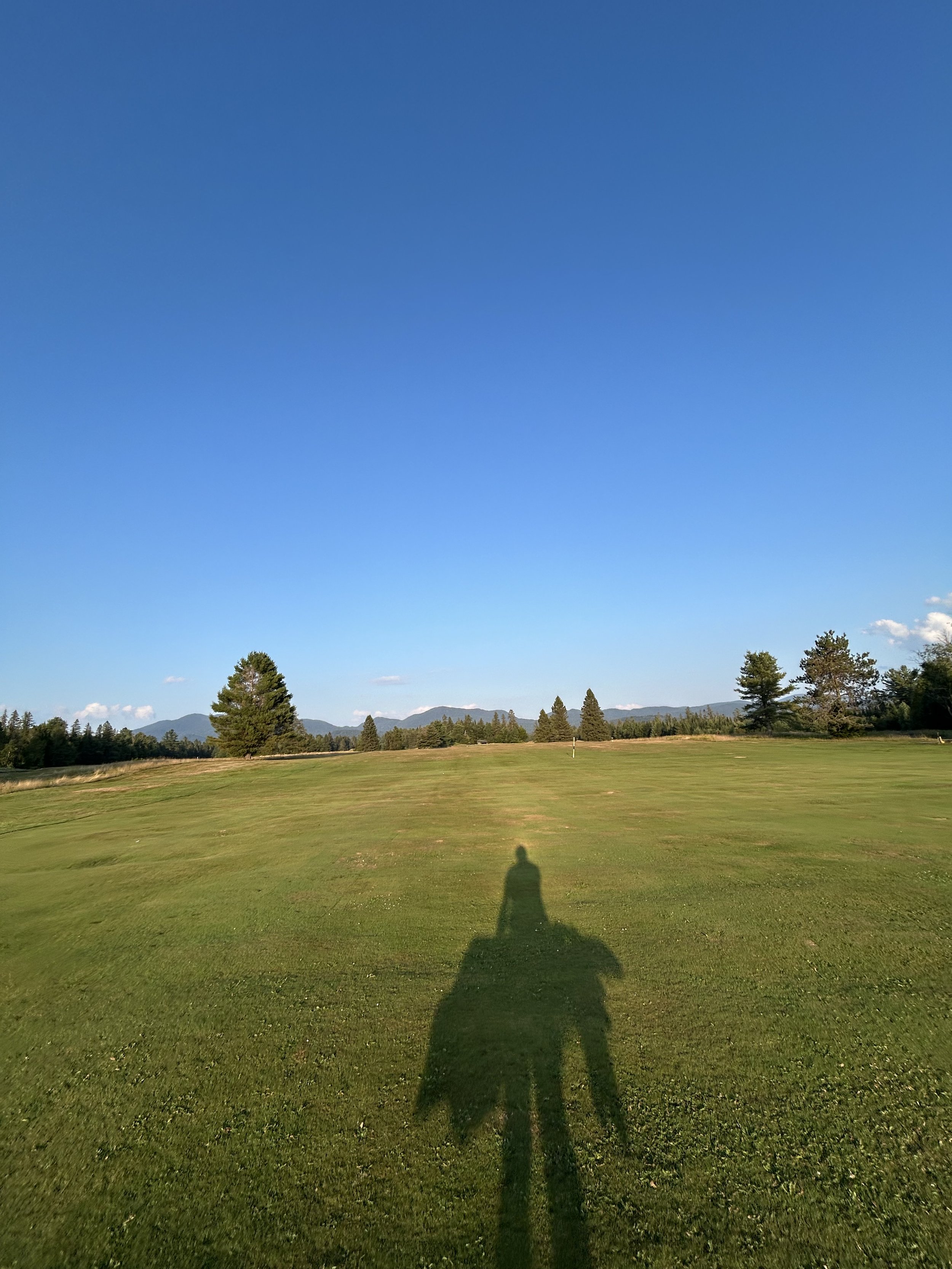 A green golf course with trees and mountains in the background, under a clear blue sky, with the shadow of the person taking the photo visible on the grass.