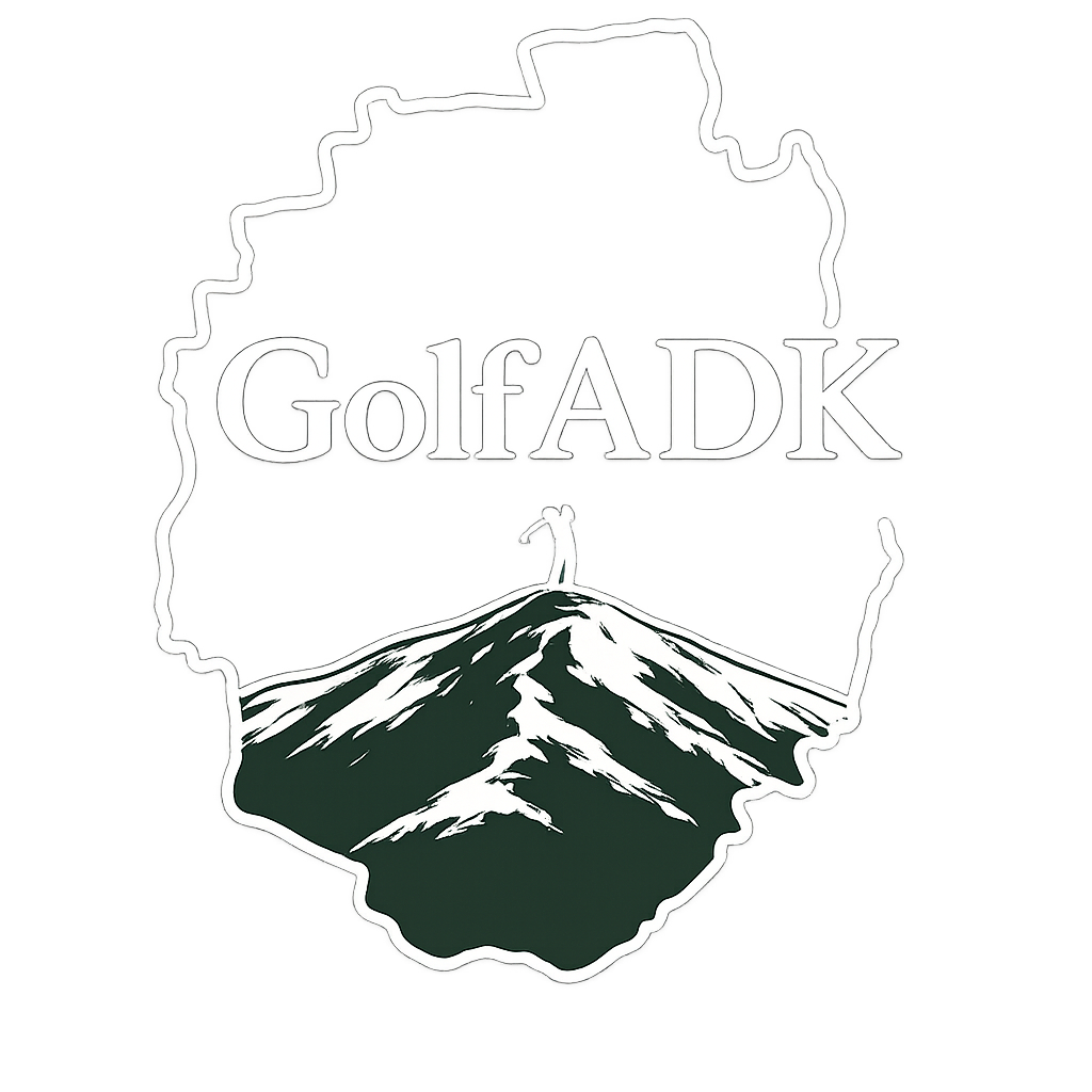 A graphic logo featuring the outline of the state of Indiana in white, with a black mountain and a golfer on top. The text 'Golf ADK' is centered across the logo.
