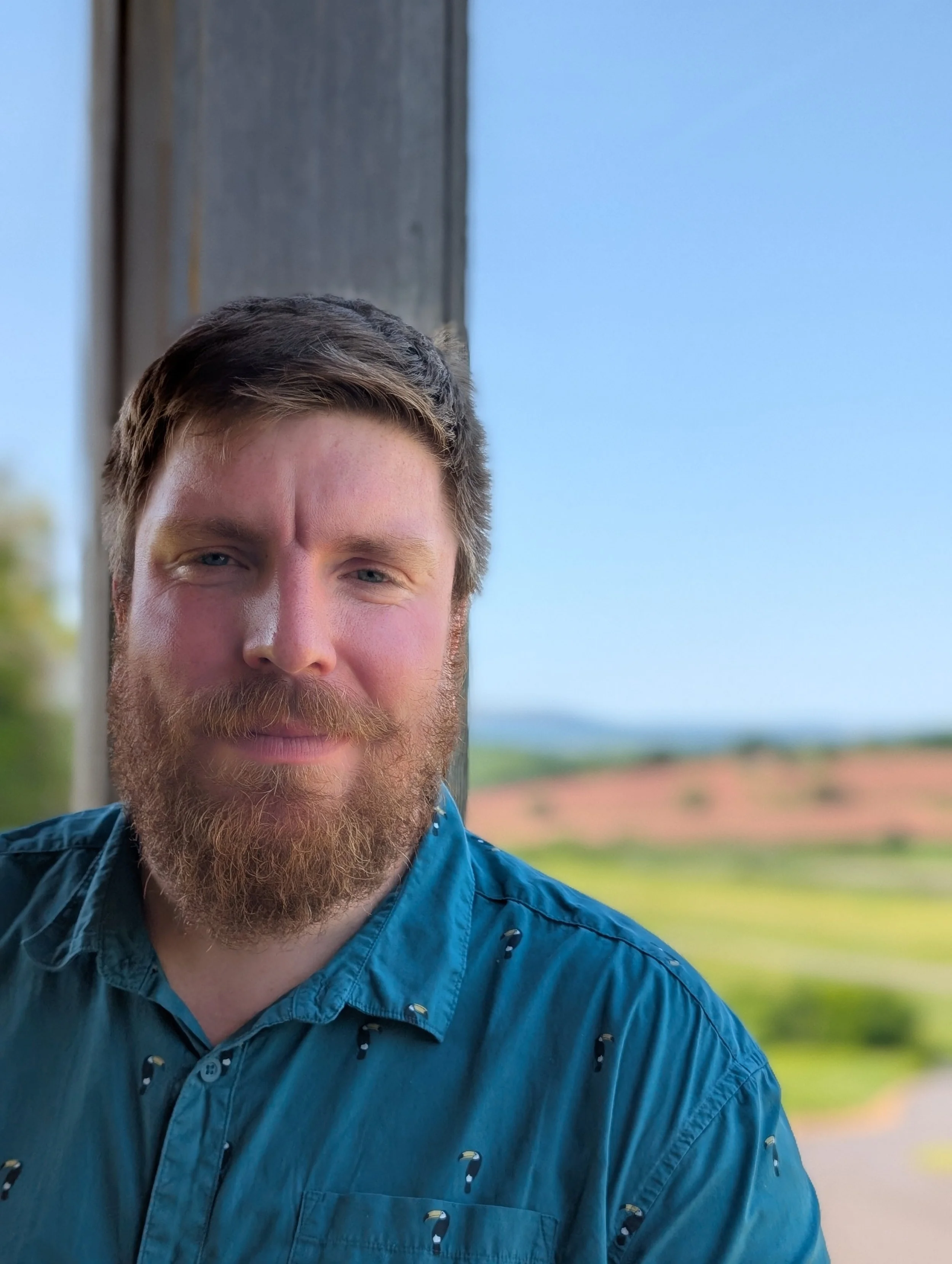 A man with short brown hair, beard, and blue eyes, outdoors on a sunny day.