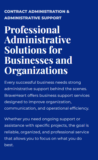 Blue informational brochure cover promoting professional administrative solutions for businesses and organizations, emphasizing support, organization, and operational efficiency.