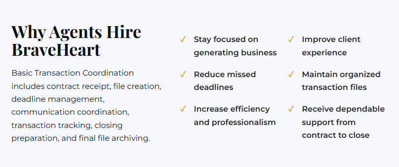 Text on a light gray background promoting BraveHeart agent services with bullet points and check marks highlighting benefits like focus on business, client experience, accuracy, organization, efficiency, professionalism, and support.