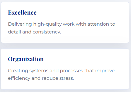 Text with two sections labeled 'Excellence' and 'Organization', each with a brief description.