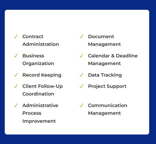 List of office management tasks including contract administration, business organization, record keeping, client follow-up, administrative process improvement, document management, calendar and deadline management, data tracking, project support, and communication management.