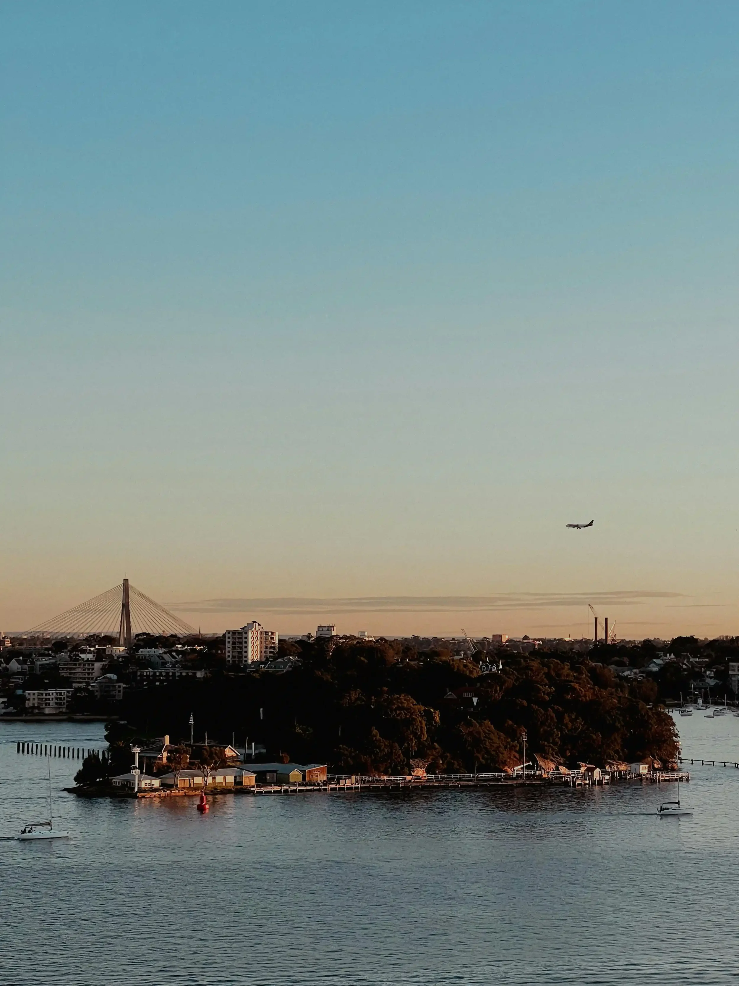 Aircraft on approach to Sydney Australia over the harbour where all international arriving flights require DAFF aircraft disinsection