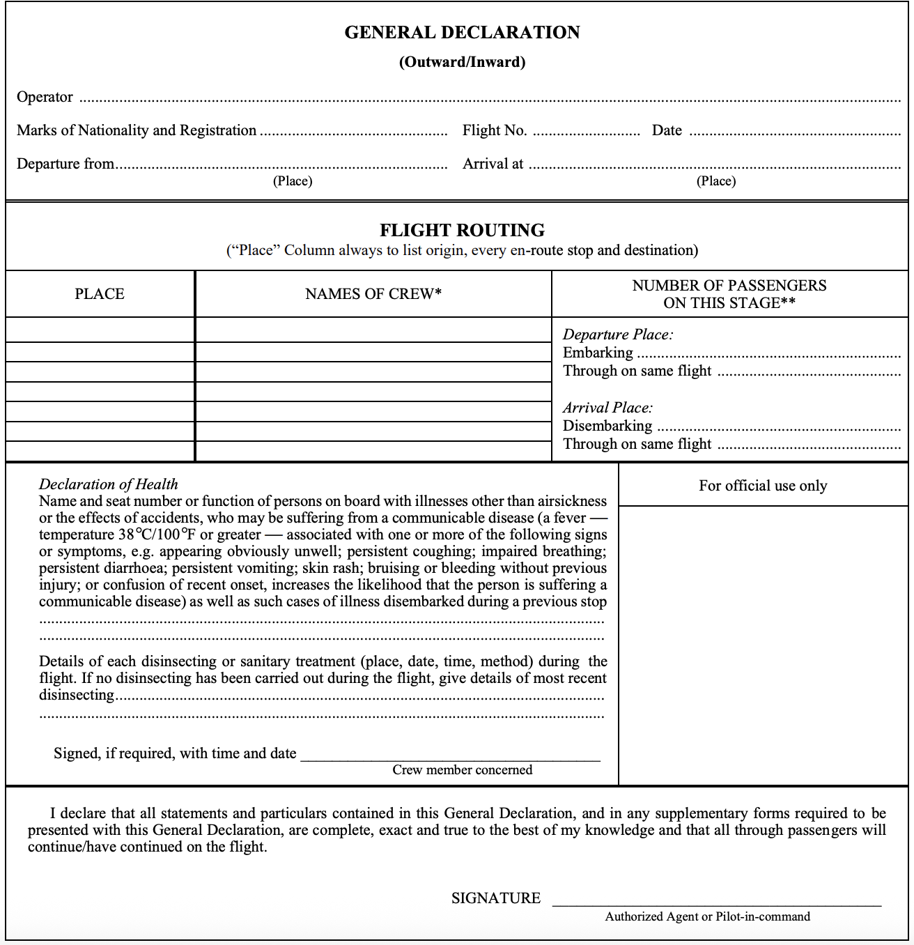 ICAO General Declaration Annex 9 Appendix 1 showing the disinsection details section that must be completed for Greece aircraft disinsection requirements