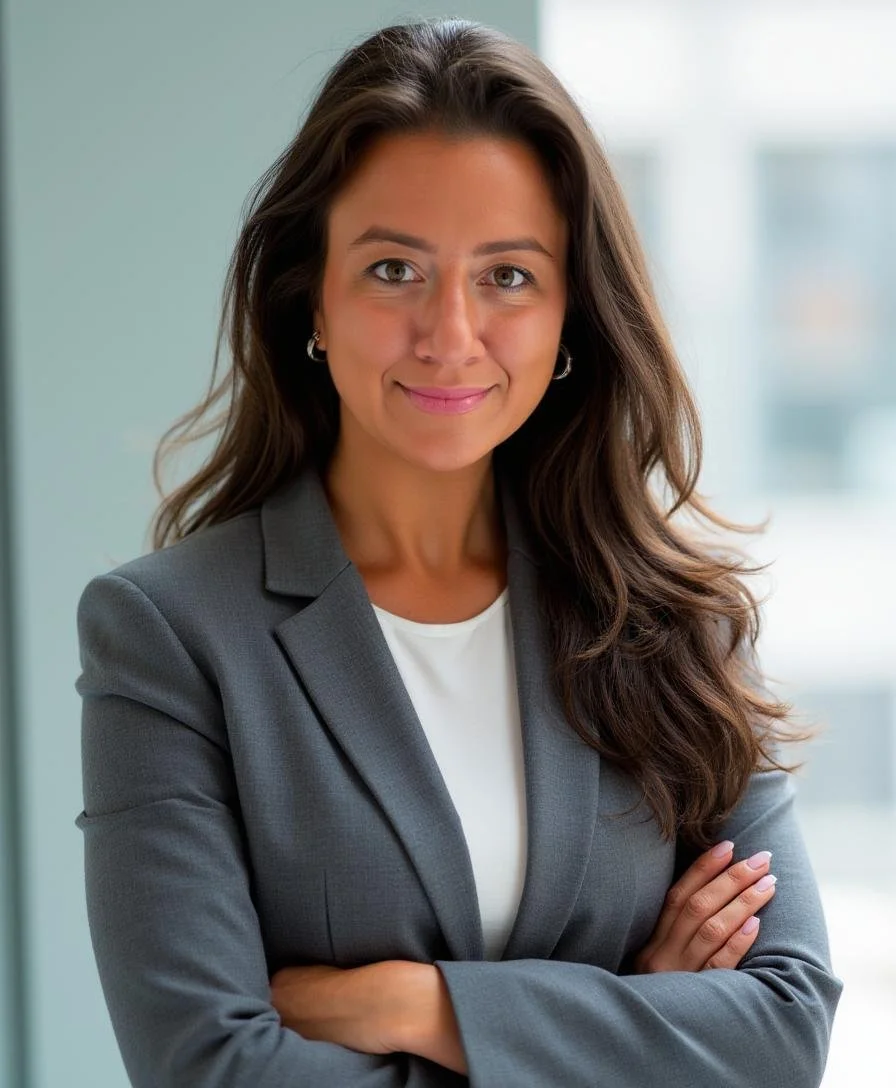 Professional woman with long brown hair, wearing a gray blazer and a white top, standing with arms crossed and smiling confidently.