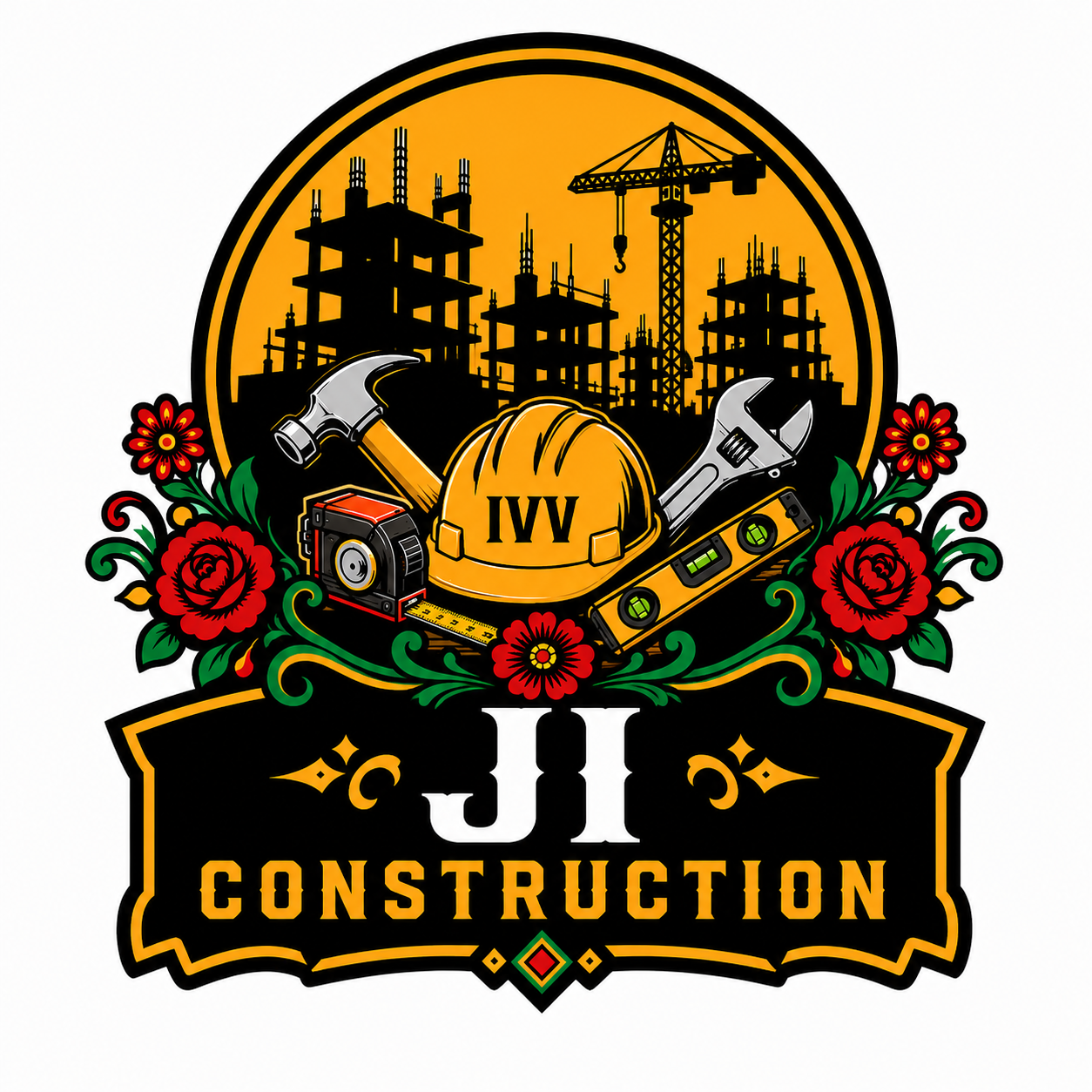 Construction company logo featuring a construction helmet with 'IVV' text, hammer, wrench, measuring tape, and background silhouettes of building framework and crane, decorated with red flowers and the text 'J1 Construction'.