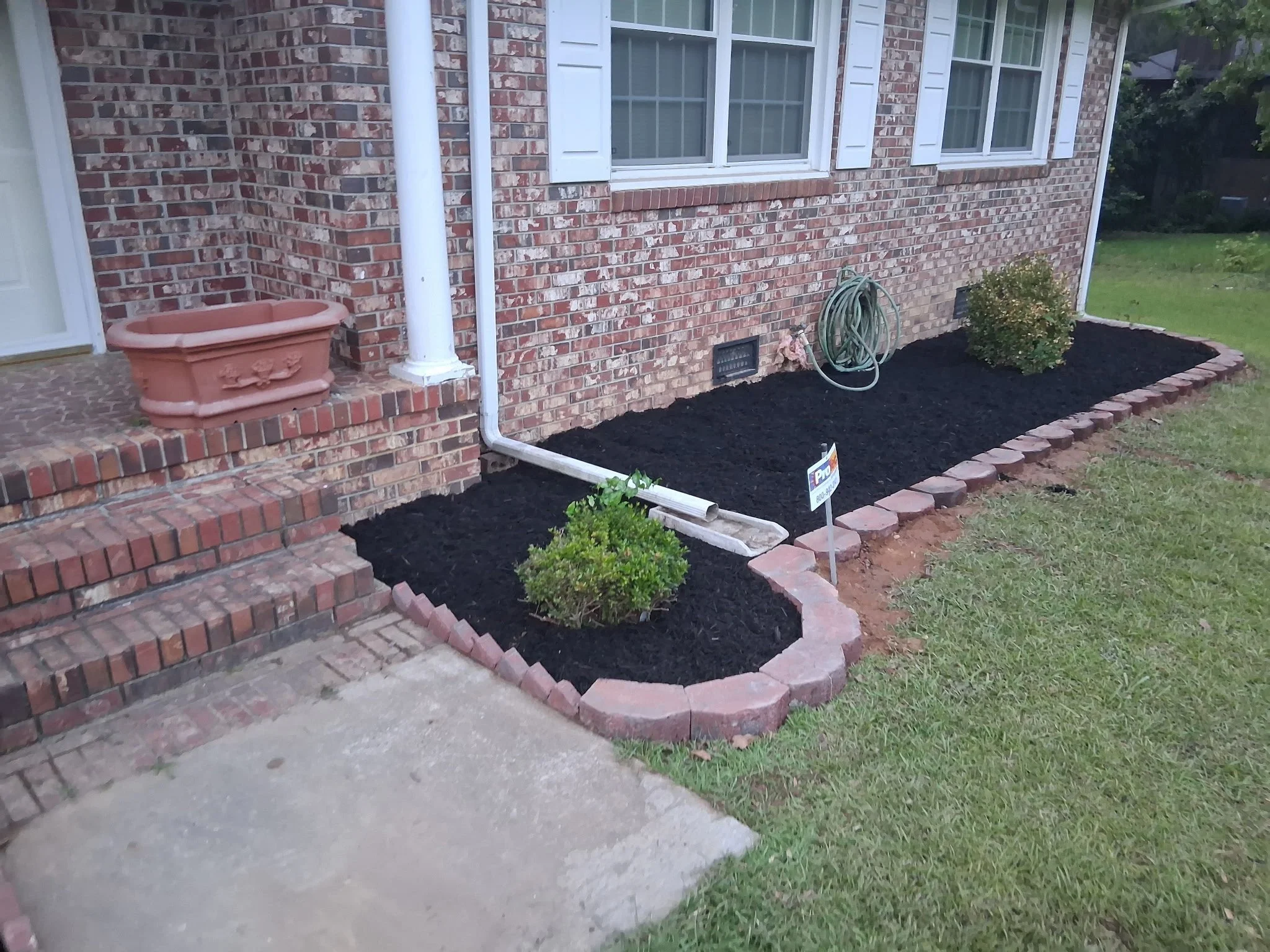 The image shows the exterior of a brick house with three white-framed windows and white shutters. There is a small garden bed with new mulch, a bush, and a garden hose. A pink decorative planter sits on the steps leading up to the house. The ground next to the garden bed is a mix of grass and concrete.