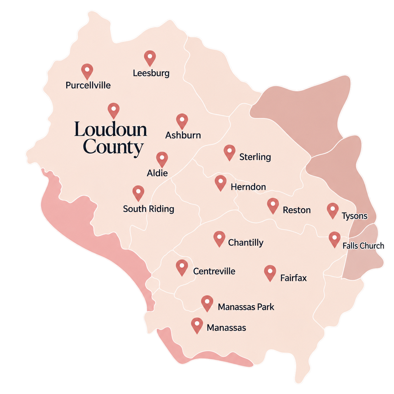 Map of ABA therapy service areas across Loudoun County, Fairfax, Manassas, and Fairfax