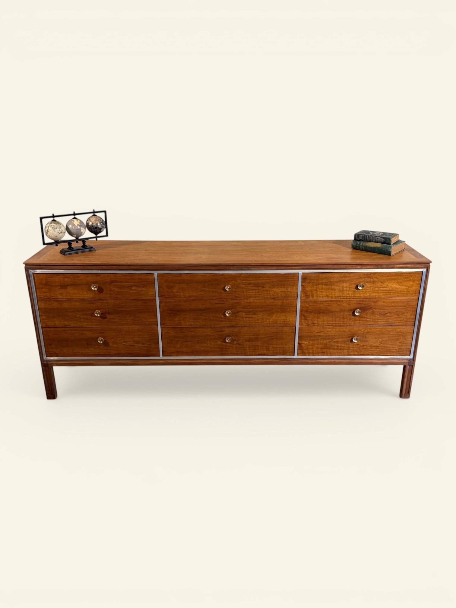 Century Furniture Walnut Triple Dresser with Metal-Banded Drawer Fronts, c. 1960s